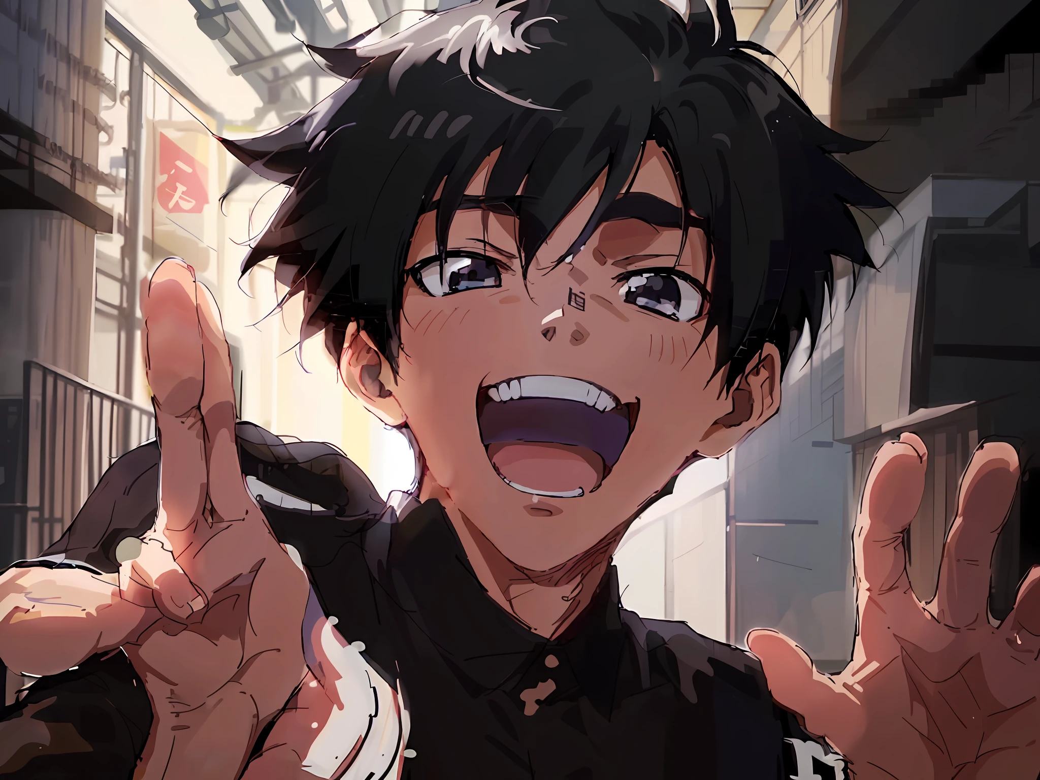 menino anime with black hair and black shirt making funny faces, alcançando algo e expressando alegria. Autores: Krentz Kusaud, Ross Tran!!!, Estilo Ross Tran, [[[sorriso]]], Estilo de arte anime de alta qualidade, estilo cgi de anime, menino anime, Shinji, sorriso louco, Ilya Kuvkhinov. 4k, grande sorriso