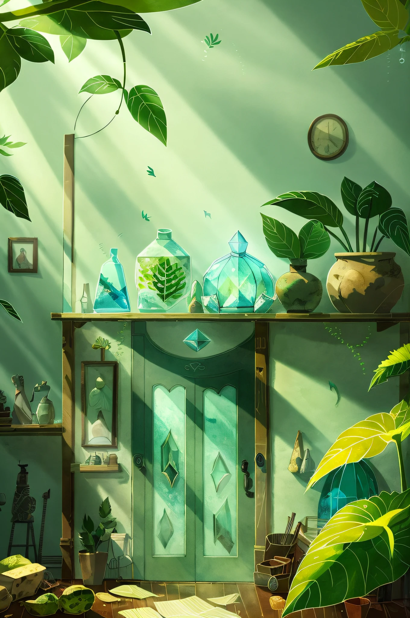 (masterpiece), (best quality), HDR, Song of the Sea,
(Plant sheds:1.3), indoor, glass, Clear light, crystal, ethereal, Dappled shadows of leaves,
Cartoon, texture, 2d illustration, high contrast, outlines, (minimalism),