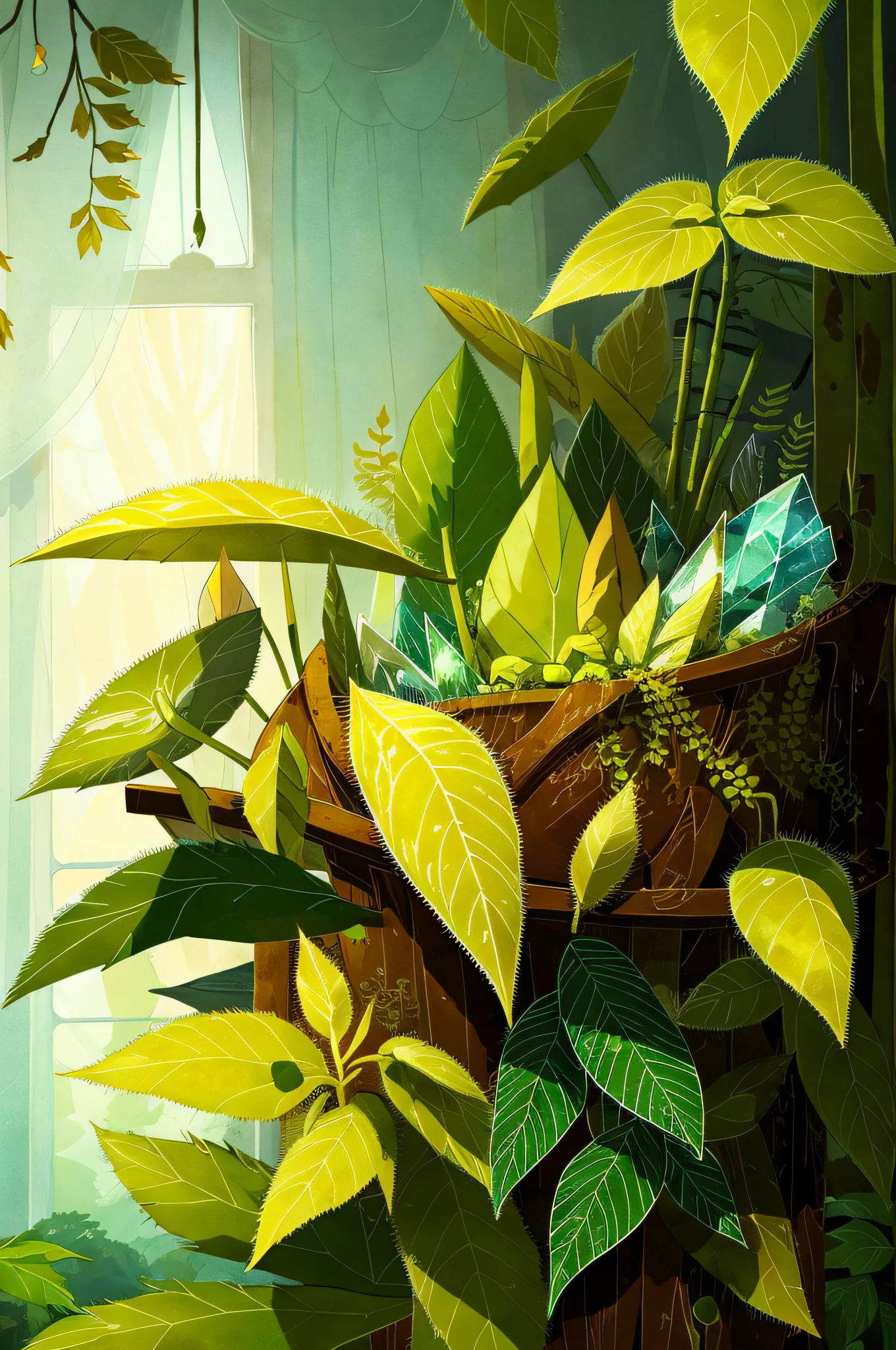 (masterpiece), (best quality), HDR, Song of the Sea,
(Plant sheds:1.3), indoor, glass, Clear light, crystal, ethereal, Dappled shadows of leaves,
Cartoon, texture, 2d illustration, high contrast, outlines, (minimalism),