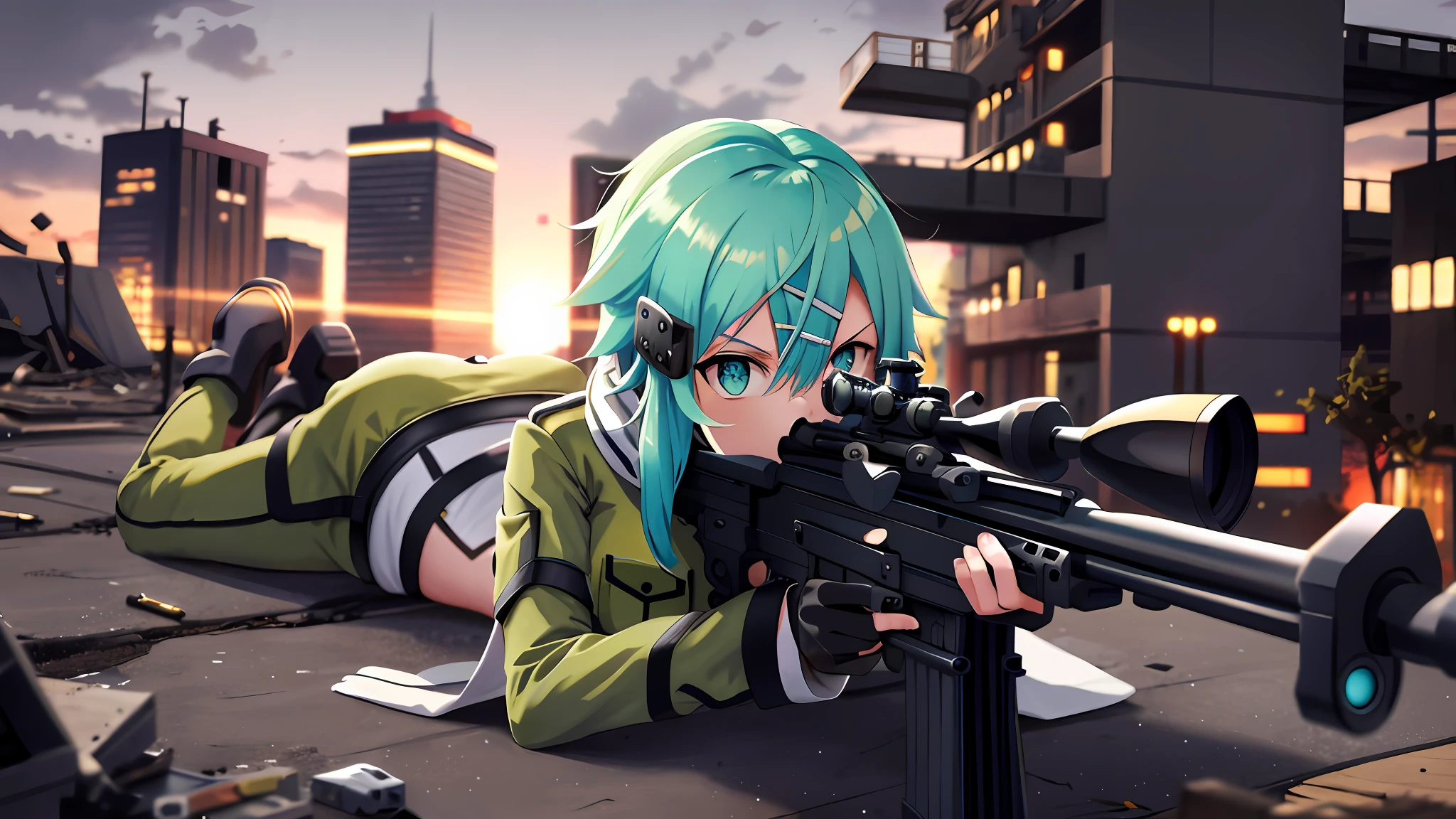 masterpiece, best quality, highres, 1girl, sinon1, scarf, fingerless gloves, long sleeves, short black shorts, hair ornament, hairclip, green thighhighs, green jacket, thigh strap, cowboy shot, holding weapon, sniper rifle, ruins, sitting, (sword art online), scoping, using the sniper, holding the sniper rifle, looking in scope, looking into the sniper rifle scope, shooting, hdr, urban, rooftop, collapsed buildings, war, catastrophe, disaster, serious, cold, glowing eyes, superpower, focusing, focus, bullet, shooting, barrel flash, explosion, firing, firing her sniper rifle, firing her gun, gunshot, pervert, cute, chaotic, full body, nice booty, laying down