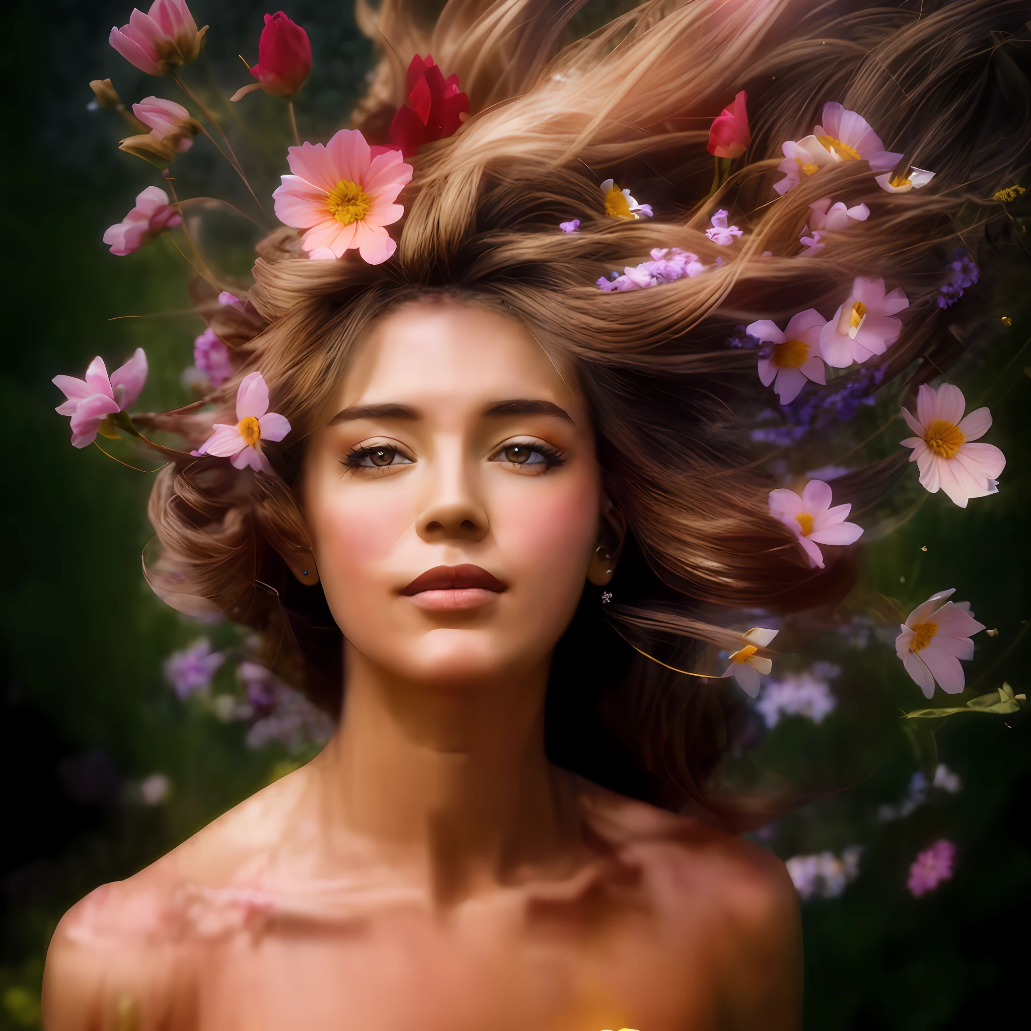 arafed woman with flowers in her hair and a wreath, floeers in hair, flower storm portrait, woman in flowers, flowers in hair, flowers in hair, age 36 years, flower goddess, cute portrait photo, brazilian woman features made of petals, female portrait with flowers, frontal brazilian woman in a field of flowers,  Looking forward, light makeup, realism, realistic photos, professional color correction, 8K, F2.4 aperture, 35mm lens, realistic real face, only the face area is included, with ordinary clothing, brown skin, wavy hair, alone in the image, with passionate look, with happy feeling, background with landscape.