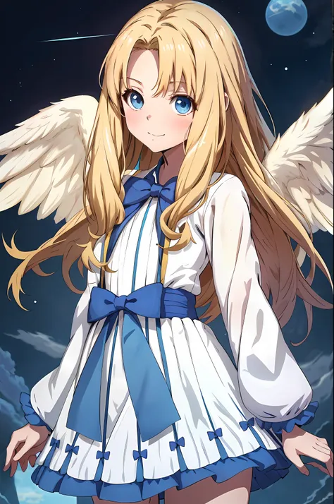 filo, anime style girl, upper body, 1girl, solo, happy, white wings, hite dress, blue bow, long hair, blue eyes, looking at view...