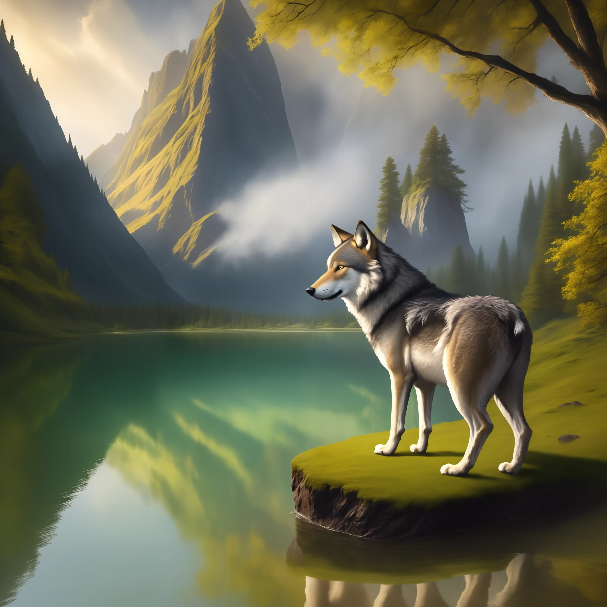 호수 옆 바위 위에 서 있는 늑대의 그림, 신성한 호수의 수호자, 매우 상세한 디지털 아트 in 4k, 제이슨 벤자민, 매우 상세한 디지털 페인팅, 매우 상세한 그림, 큰 늑대, 고품질의 상세한 예술 8k, 마크 아담스, 매우 상세한 그림, 매우 상세한 디지털 아트