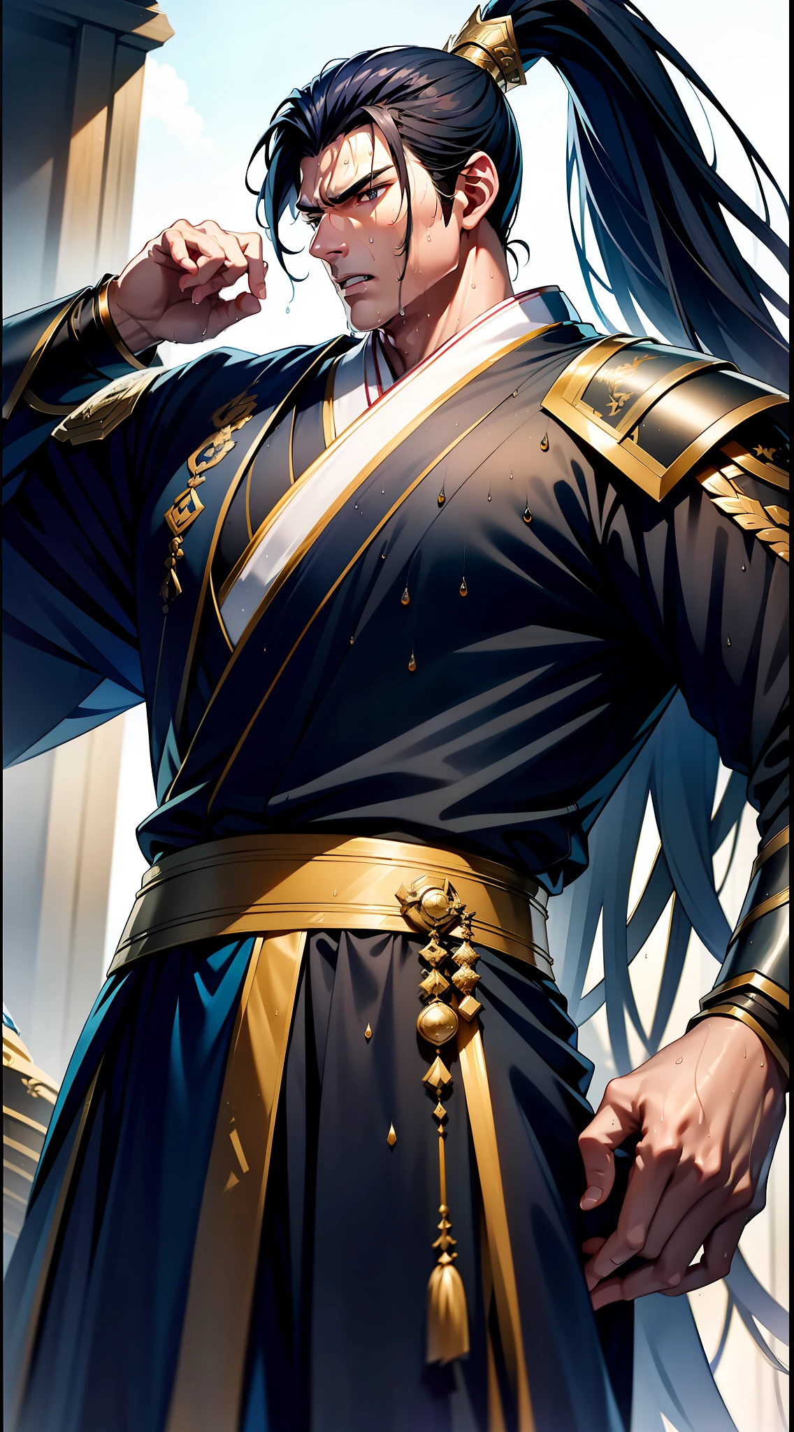 Two-dimensional, anime style, man (male warrior), muscle, correct proportions, face details, martial arts, high ponytail hairstyle, sweating, sweaty face, drooling, neck details, with Adam's apple, wet, wet, Hanfu costume, long robe, embroidered robe, dragon robe, clothing details, collar, long sleeves, game quality, swordsman demeanor, light and shadow tracing, ray tracing, detail glow, CG rendering, hair details, long black hair, golden eyes, sweaty face, handsome, handsome, sweat beads slipping down the neck, (juvenile feeling), complex clothing, wet, wet, perfect composition, refinement, high quality, more details, a lot of details, complex background, atmosphere,