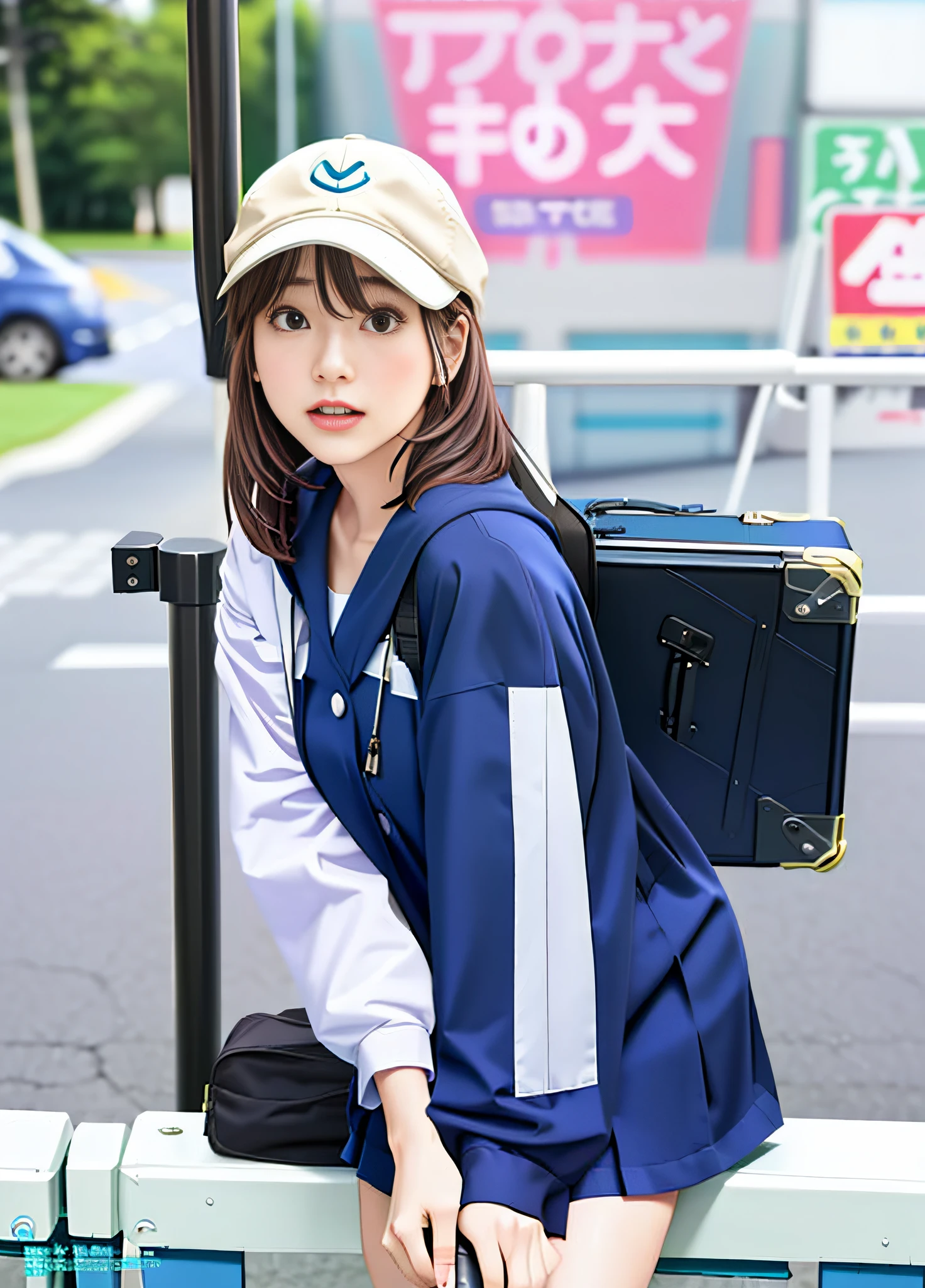 Woman leaning on pole with suitcase and hat, realistic young gravure idol, young skinny gravure idol, Chiho Aoshima, young sensual gravure idol, young pretty gravure idol, magazine photo, young gravure idol, Aoi Ogata, sophisticated gravure idol, kemono, Chiaki Nanami
