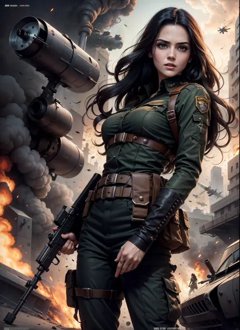Commando movie poster, beautiful woman, medium dark long hair, with big gun in hands, black clothes, rivets, explosions, cars, airplanes, just one body