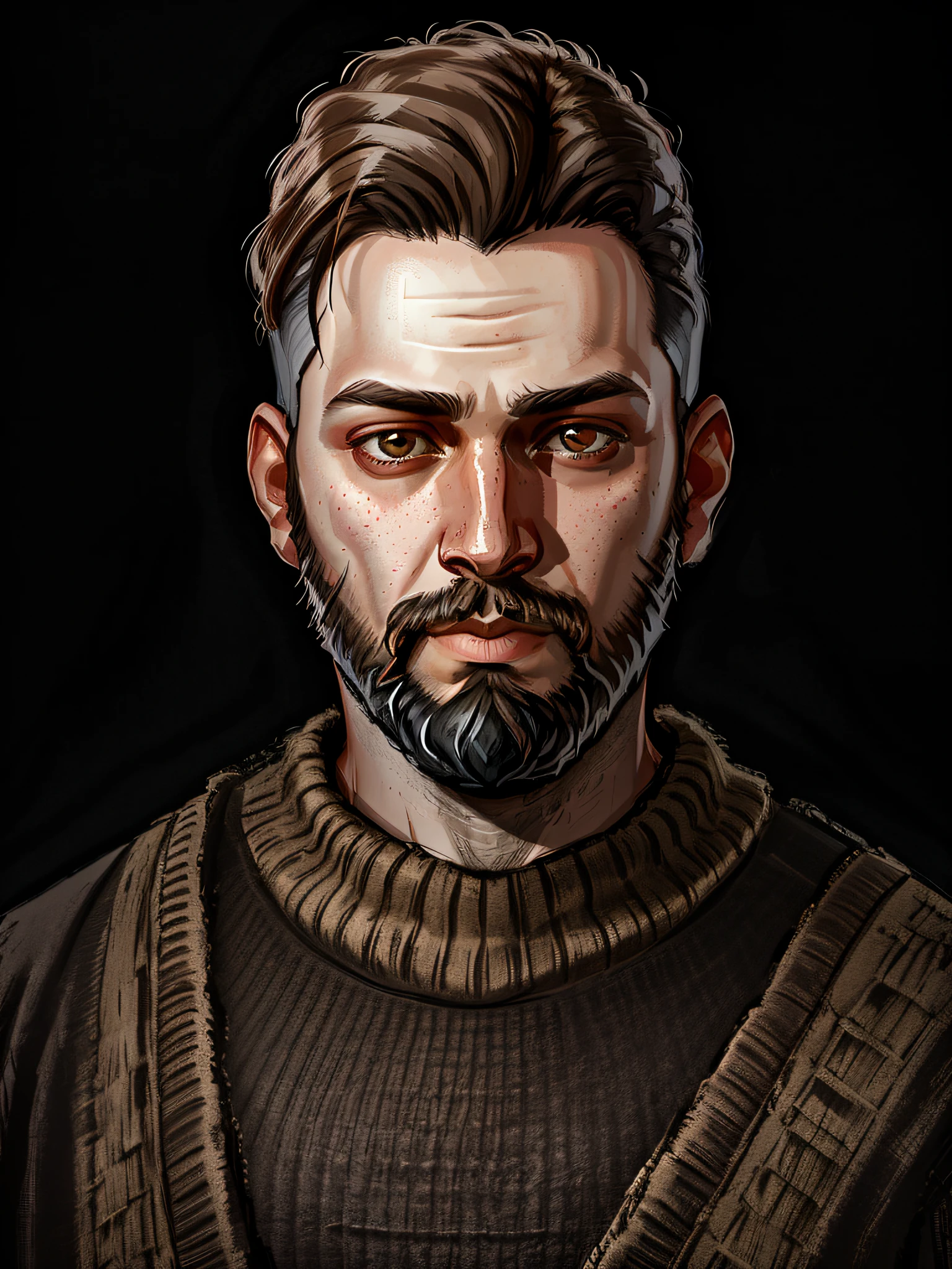 HD, (Best Detail), (Best Quality), Disco Elysium, Arad man posing with beard and sweater