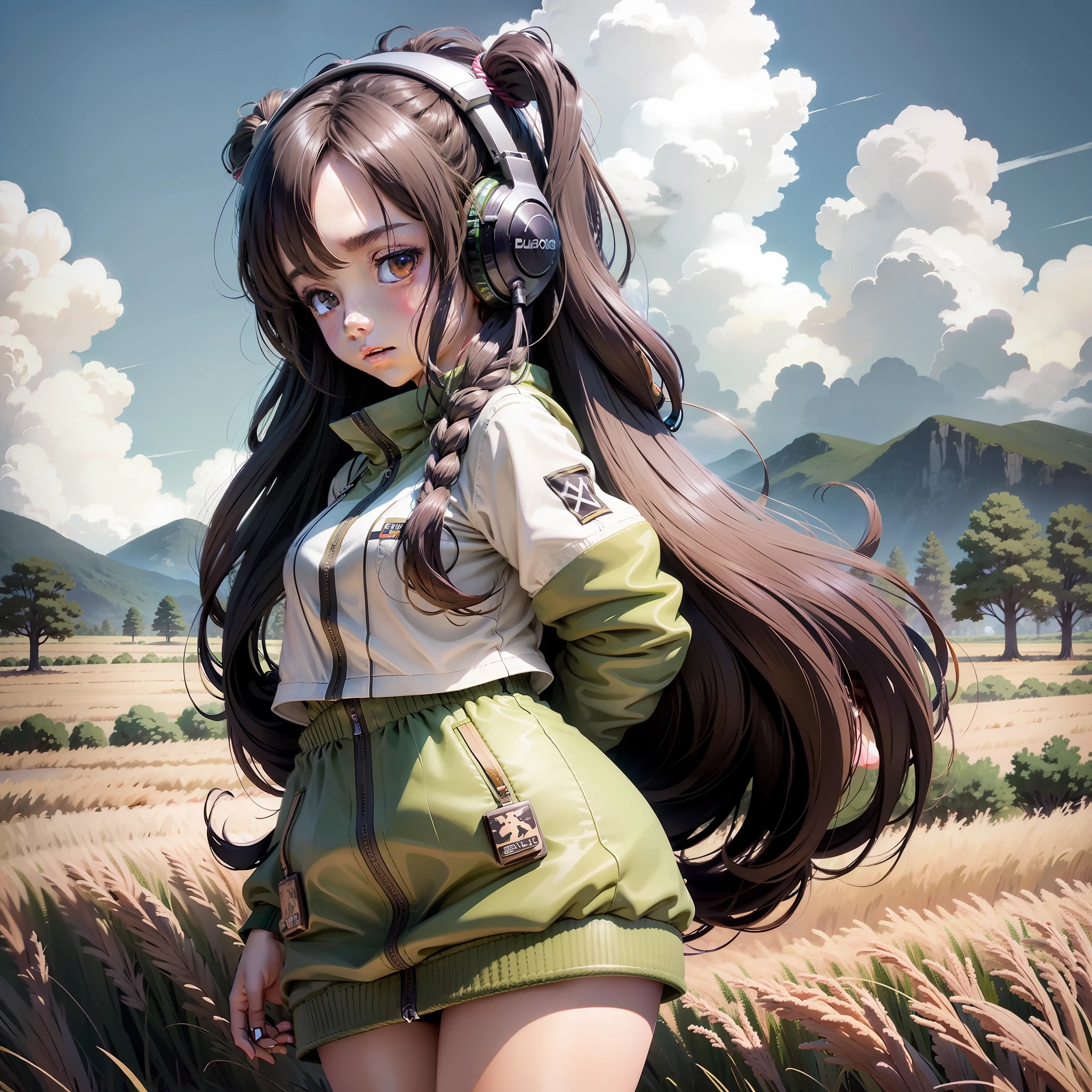 an anime girl wearing headphones and standing in a field, in the style of realistic hyper-detailed portraits, cabincore, earthy colors, ambitious, dinopunk, atmospheric clouds, bold, manga-inspired characters