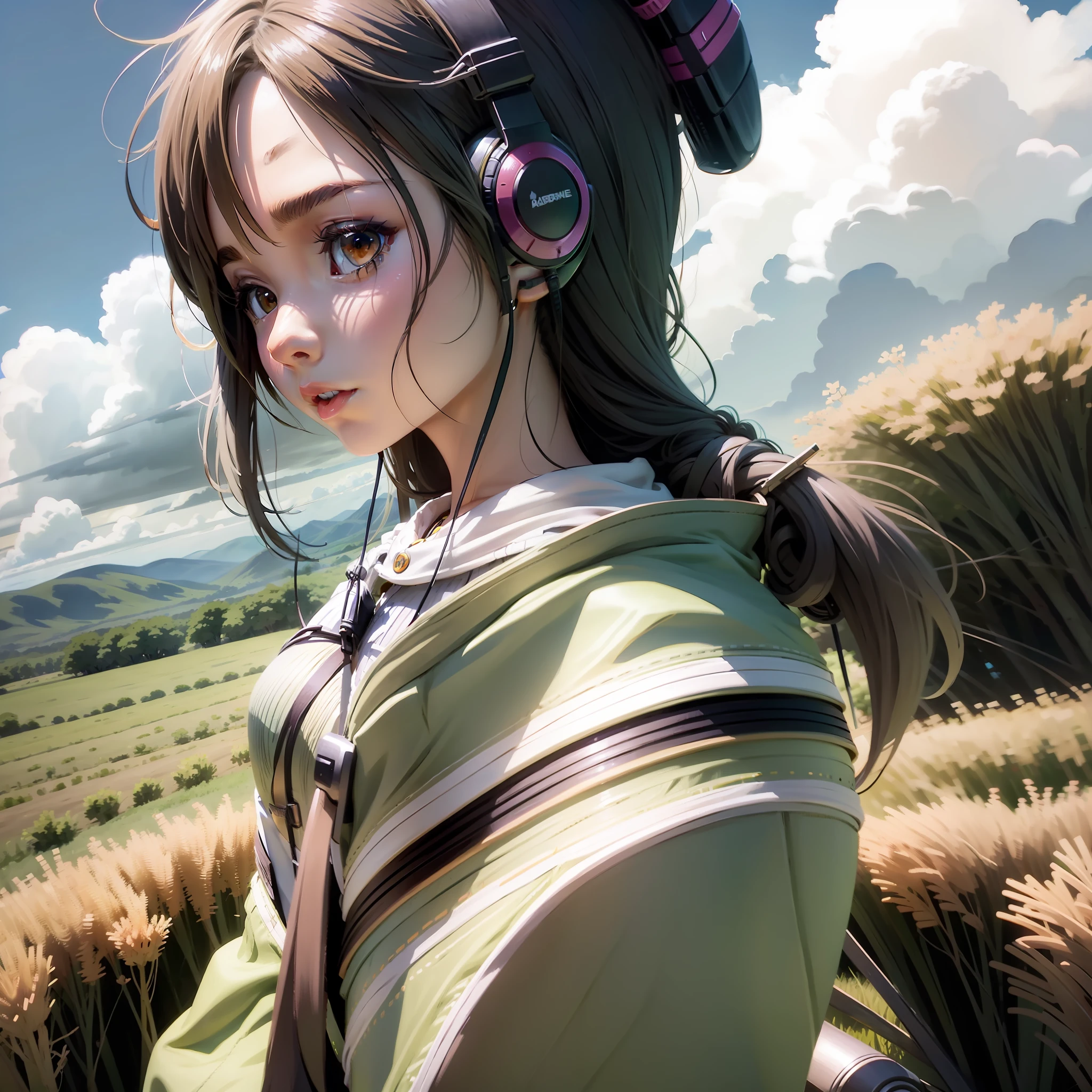 an anime girl wearing headphones and standing in a field, in the style of realistic hyper-detailed portraits, cabincore, earthy colors, ambitious, dinopunk, atmospheric clouds, bold, manga-inspired characters