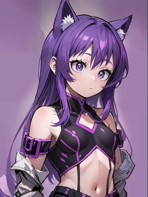 A Little Girl, Shoulders Long Hair, Purple Hair, Small Purple Cat Ears, A Purple Cat Tail, Assassin Clothing, Amine Style