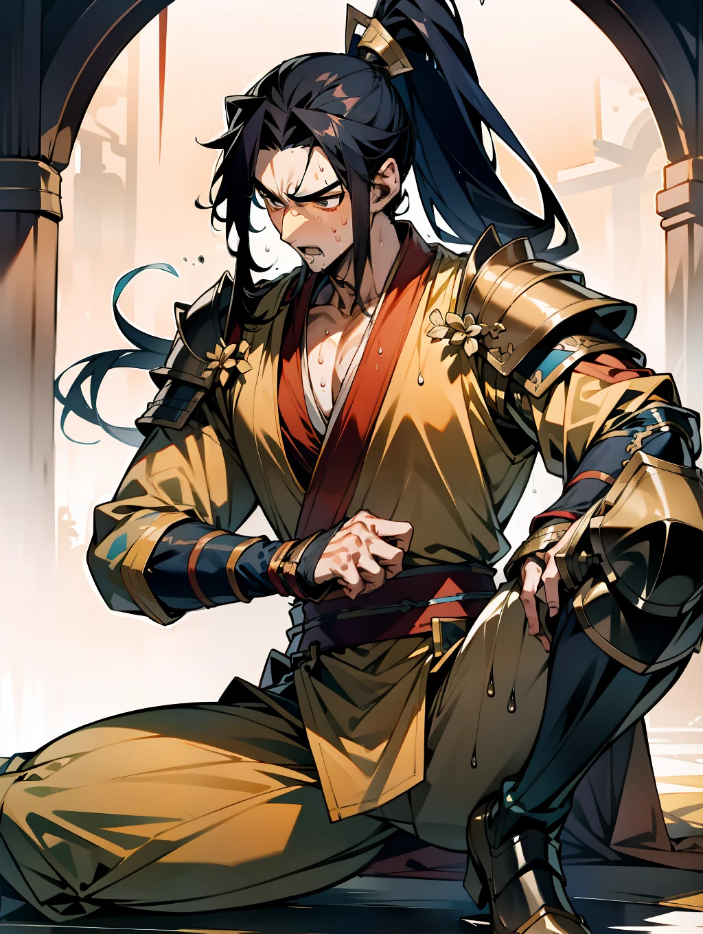 1 male, sweating, open mouth, drooling, wet, wet, sweaty pectorals, sweaty abs, sweaty crotch, golden costume Hanfu, dragon robe, handsome face, evil, highest picture quality, dark skin, high ponytail long hair, detail Hanfu, wearing arm guards, armor, leg guards (leg armor), leggings, ancient boots (ancient Chinese military boots), appearance looks like a general, squat, forked legs squat, half squat, holding a sword, crotch sweating, crotch shape, crotch sweating, long legs, leg contour, thigh close-up, calf close-up, Perfect legs