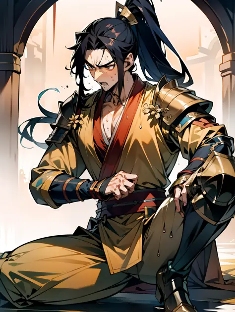 1 male, sweating, open mouth, drooling, wet, wet, sweaty pectorals, sweaty abs, sweaty crotch, golden costume Hanfu, dragon robe...