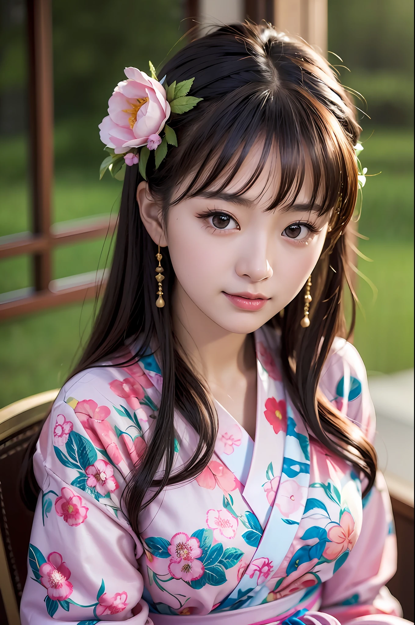 (yinchuan:1.5), close-up, masterpiece, best quality, raw photo, photorealistic, big breasts, beautiful face, soft smile, 20 year old girl, light pink yukata, floral yukata, sitting on a chair, pretty legs visible, night, depth of field, high resolution, ultra detail, fine detail, highly detailed, very detailed eyes and face, sharp pupils, realistic pupils,