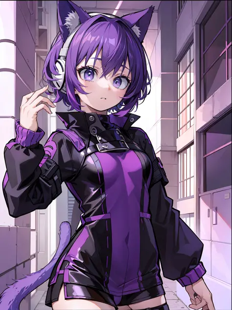 A Little Girl, Short Hair, Purple Hair, Small Purple Cat Ears, A Purple Cat Tail, Assassin Clothing, Amine Style