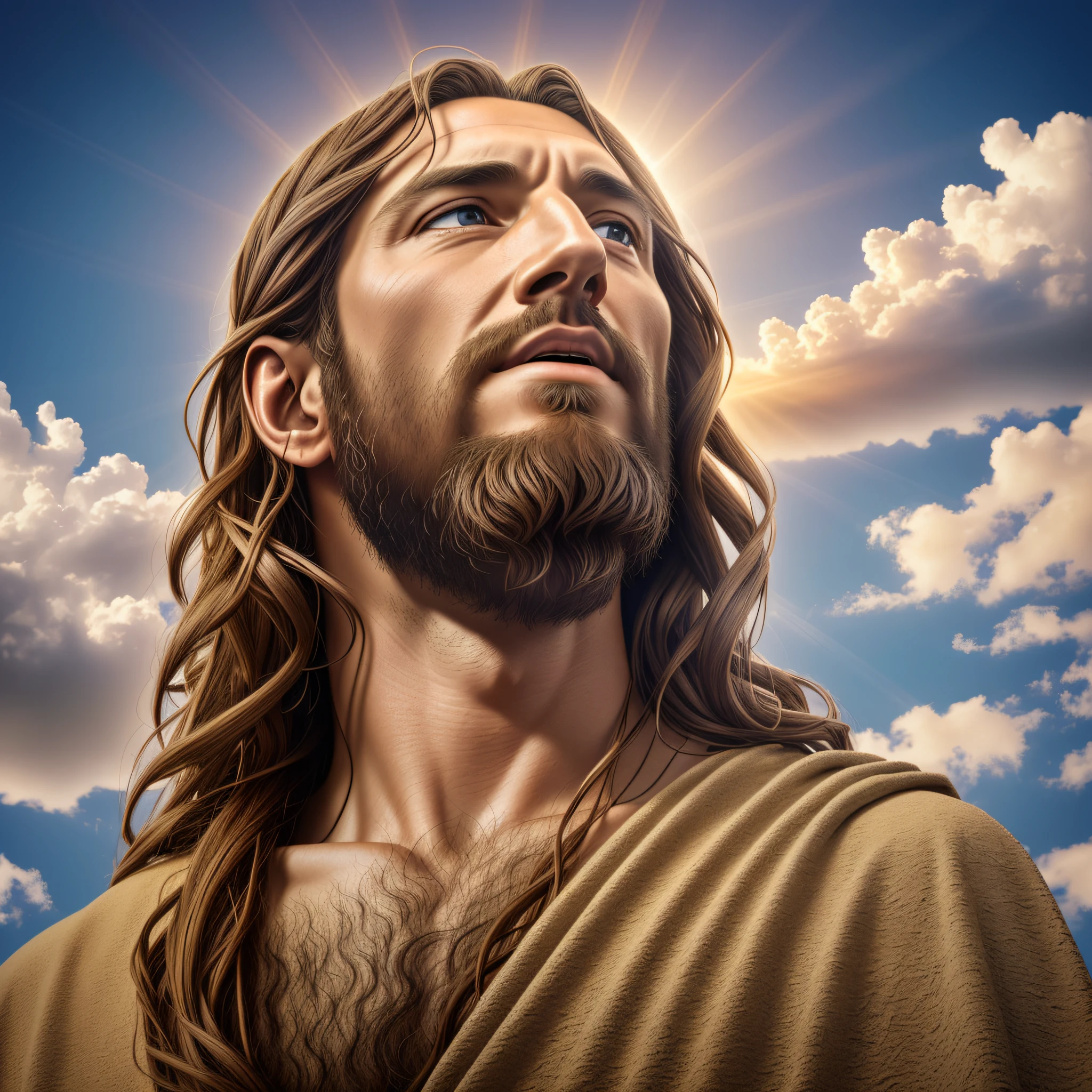 Отмеченная наградами реалистичная фотография Иисуса Христа (Глядя на небо:1.3), выражение, передающее чувство удовлетворения и победы, гипердетализация 4k --auto --s2