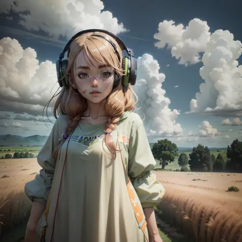 an anime girl wearing headphones and standing in a field, in the style of realistic hyper-detailed portraits, cabincore, earthy ...