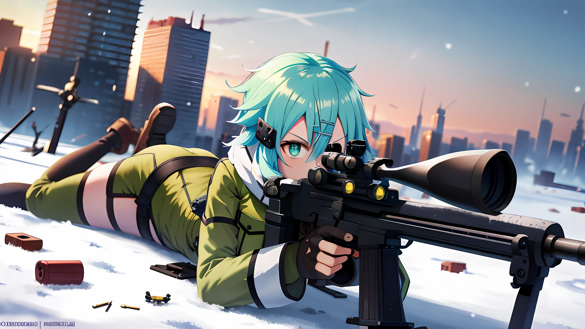 masterpiece, best quality, highres, 1girl, sinon1, scarf, fingerless gloves, long sleeves, short black shorts, hair ornament, hairclip, green thighhighs, green jacket, thigh strap, cowboy shot, holding weapon, sniper rifle, ruins, sitting, (sword art online), scoping, using the sniper, holding the sniper rifle, looking in scope, looking into the sniper rifle scope, shooting, hdr, urban, rooftop, collapsed buildings, war, catastrophe, disaster, serious, cold, glowing eyes, superpower, focusing, focus, bullet, shooting, barrel flash, explosion, firing, firing her sniper rifle, firing her gun, gunshot, pervert, cute, chaotic, full body, nice booty, laying down, snow,