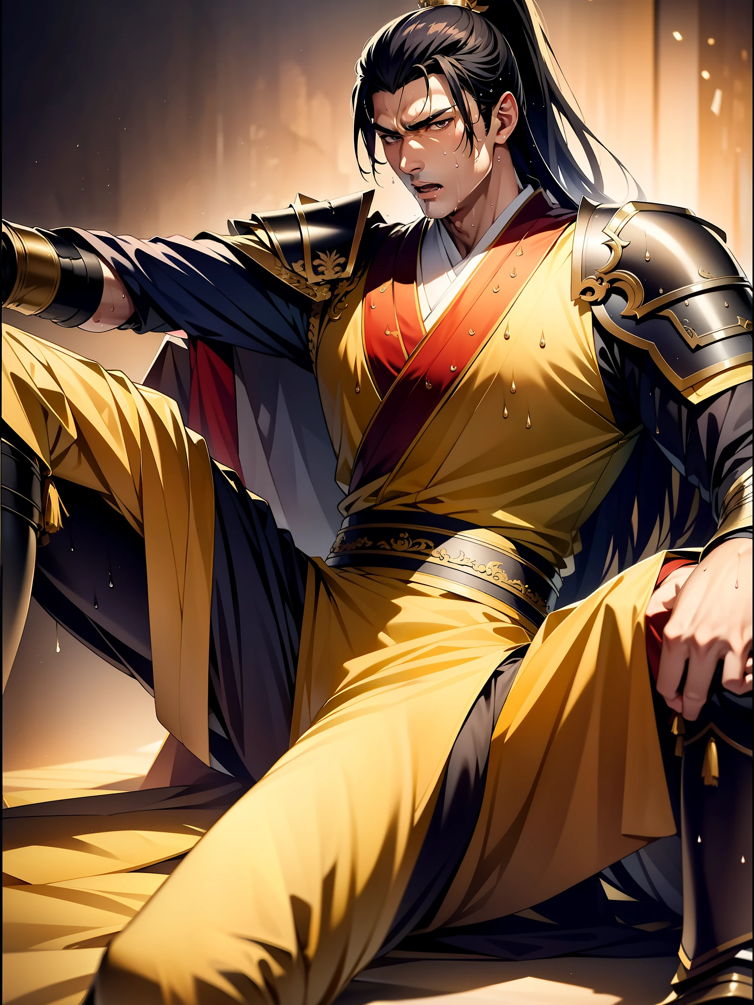 1 male, sweating, open mouth, drooling, wet, wet, sweaty pectorals, sweaty abs, sweaty crotch, golden costume Hanfu, dragon robe, handsome face, highest image quality, dark skin, high ponytail long hair, detail Hanfu, wearing arm guards, armor, leg guards (leg armor), leggings (leg guards), ancient boots (ancient Chinese military boots), looks like a general, squat, forked legs squat, half squat, holding a sword, sweating under the crotch, crotch shape, crotch sweating, long legs, leg contour, thigh close-up, calf close-up, Perfect legs