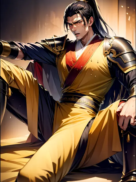 1 male, sweating, open mouth, drooling, wet, wet, sweaty pectorals, sweaty abs, sweaty crotch, golden costume Hanfu, dragon robe...