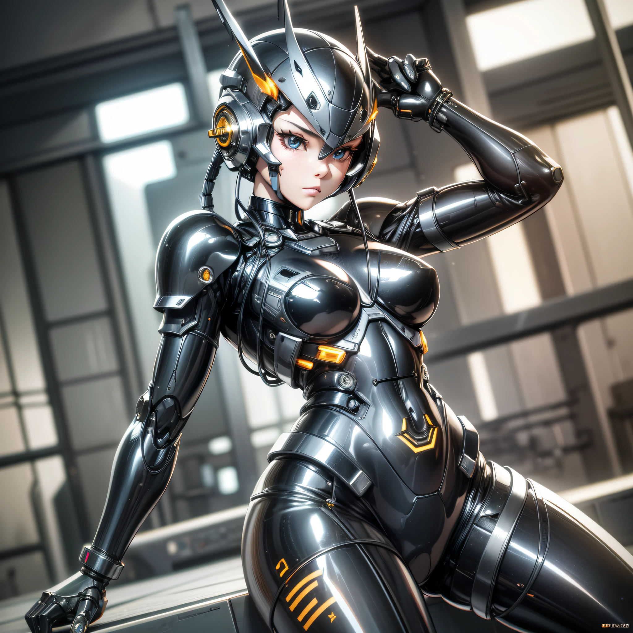 Helmet with antenna, cute girl made of metal, (Cyborg: 1.1), ([Tail | More Wire]: 1.3), (Complex Detail), HDR, (Complex Detail, Ultra Detail: 1.2), Cinematic Shot, Masterpiece, Best Quality, High Resolution, Vaginal Foreign Body Insertion, Centered, Very Stylish, Black Rubber Bodysuit,