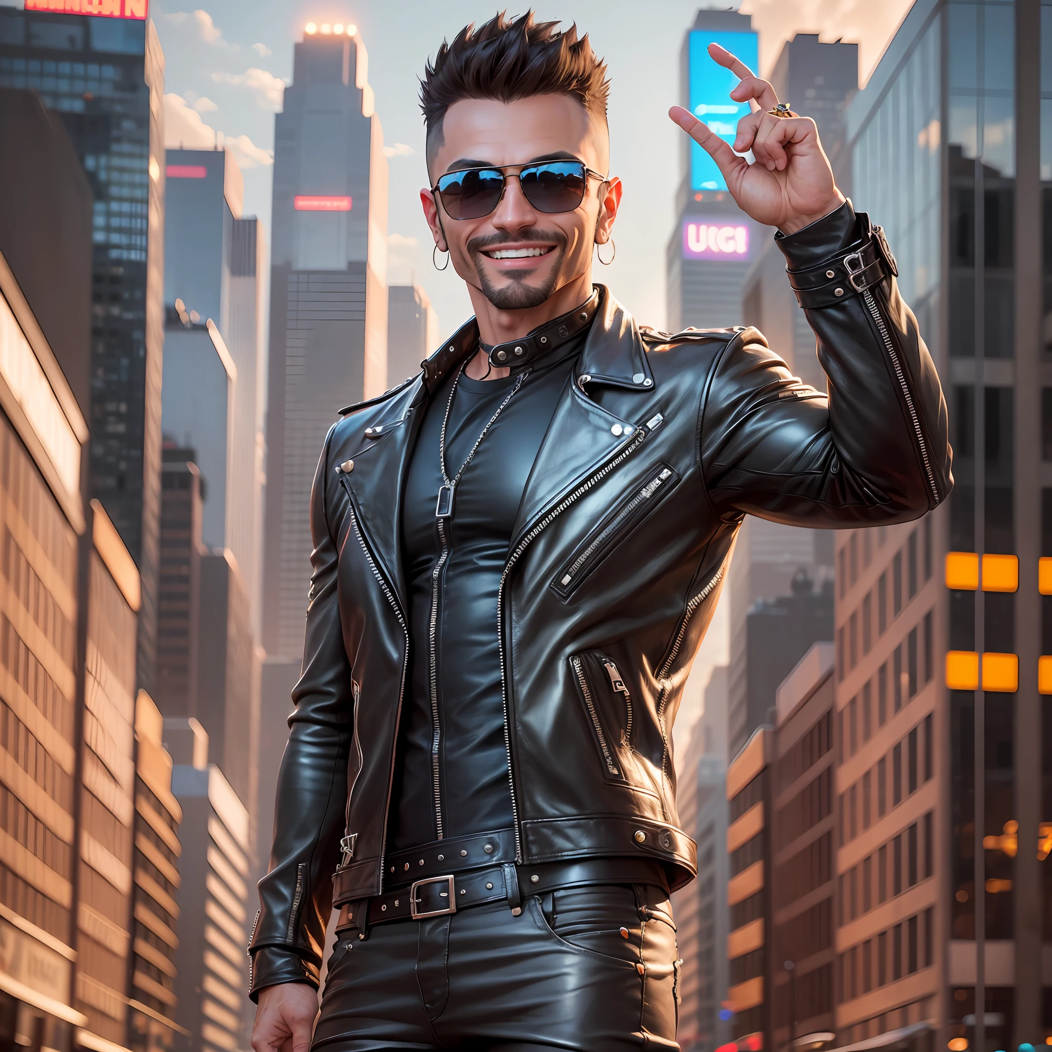 There is a man in a leather jacket and sunglasses posing for a picture -  SeaArt AI