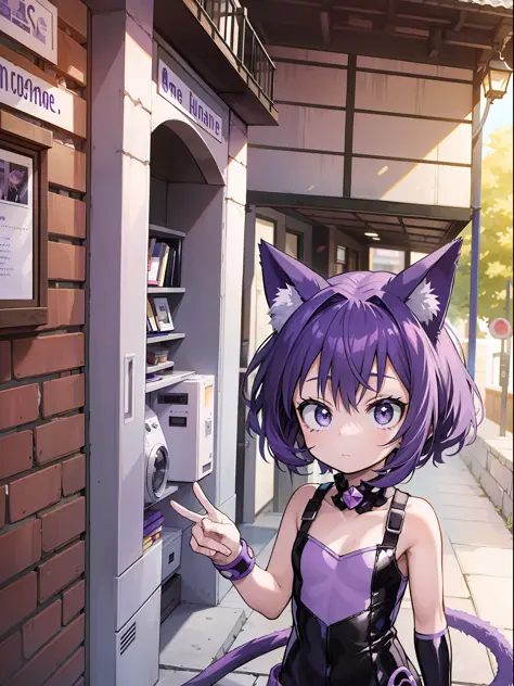 A Little Girl, Short Hair, Purple Hair, Small Purple Cat Ears, A Purple Cat Tail, Hero Clothes, Amine Style