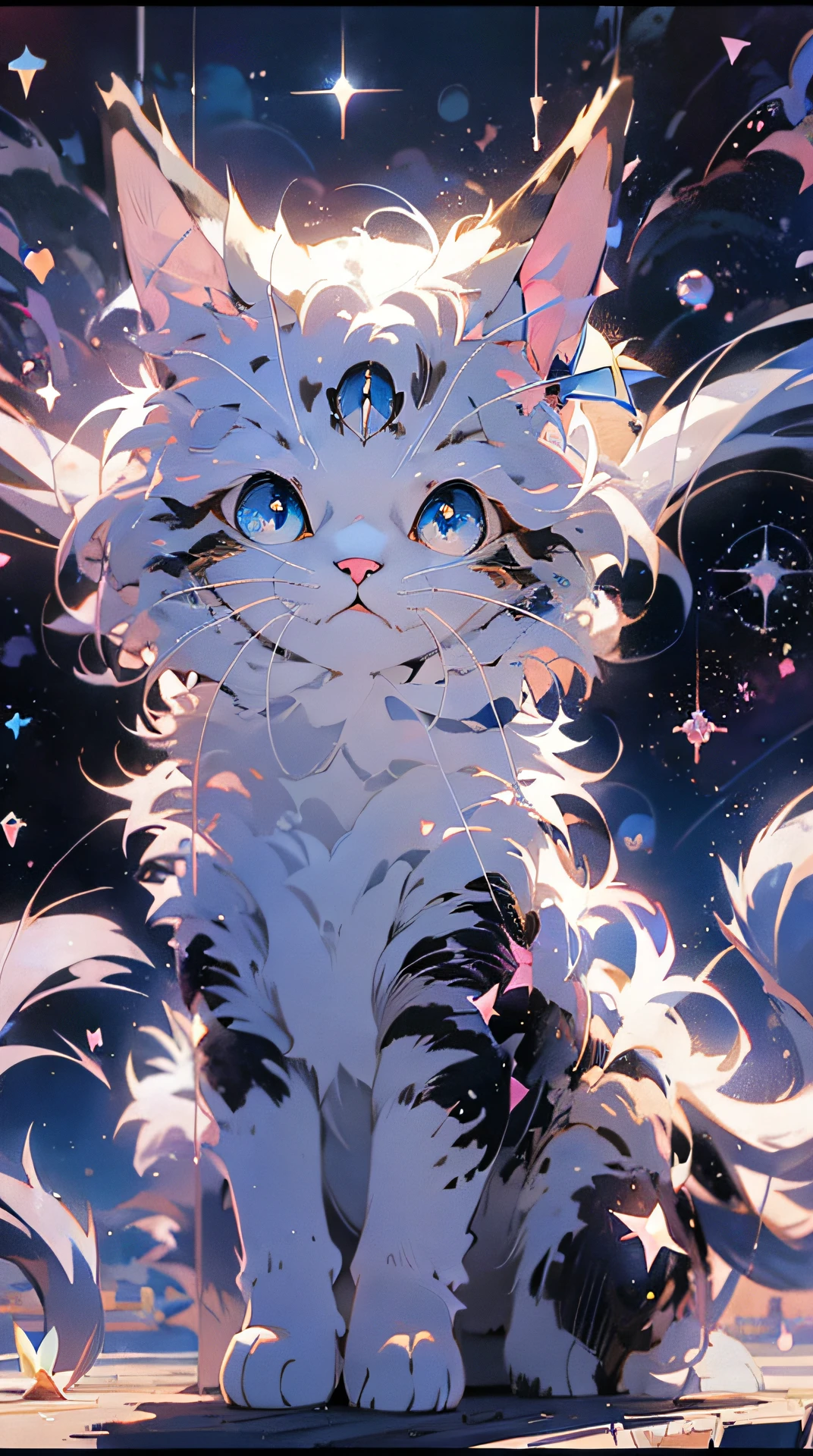 动漫猫 with blue eyes and stars in the background, 动漫猫, 可爱猫咪的动画视觉图, realistic 动漫猫, 可爱细致的数字艺术, 动漫艺术壁纸 4k, 动漫艺术壁纸4k, 非常非常漂亮的毛茸茸的艺术, beautiful 动漫猫girl, very beautiful 动漫猫 girl, 4k漫画壁纸, cute 动漫猫girl, 动漫艺术壁纸 8k