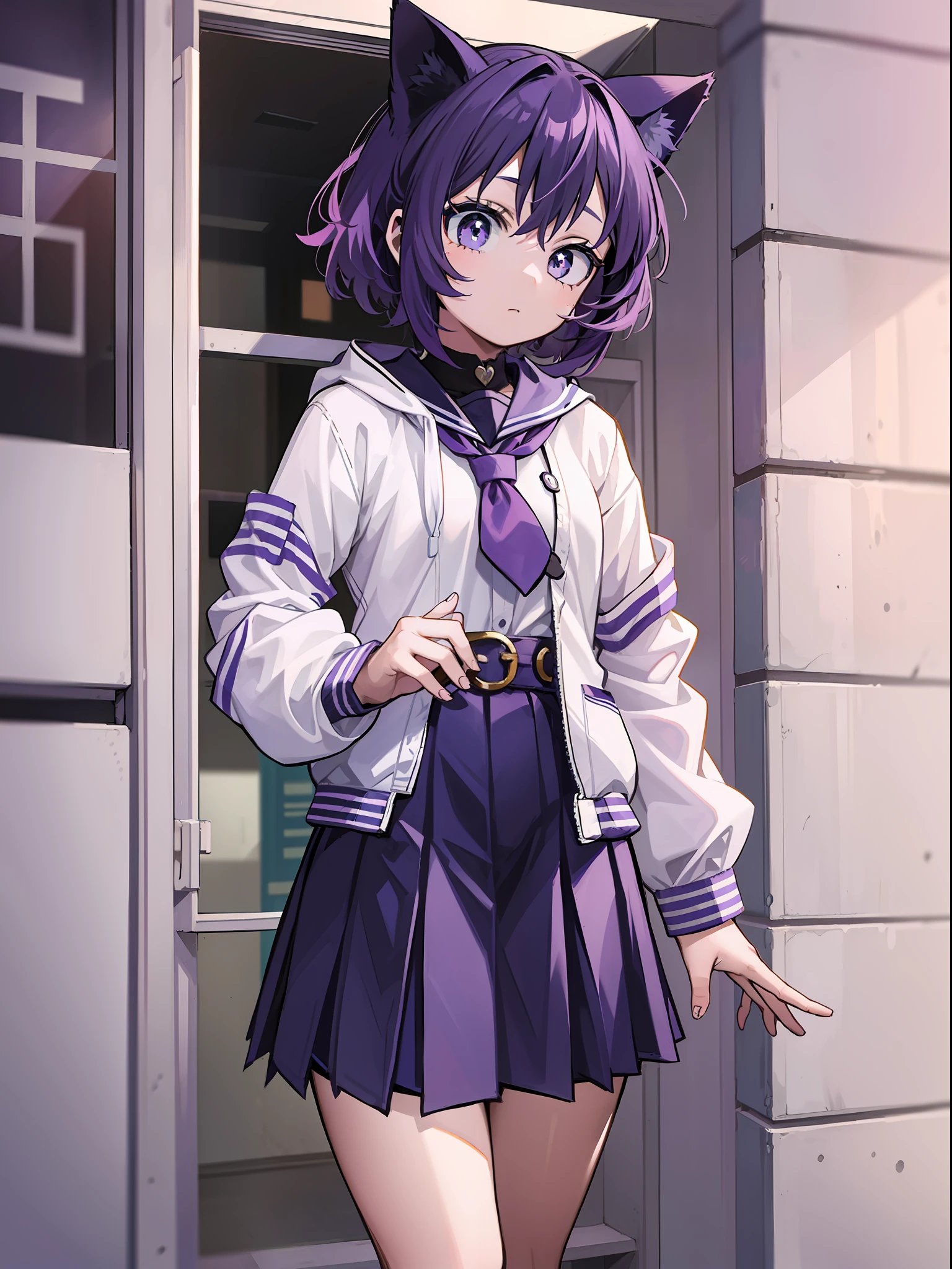 A Little Girl, Short Hair, Purple Hair, Small Purple Cat Ears, A Purple Cat Tail, School Clothes Clothes, Amine Style