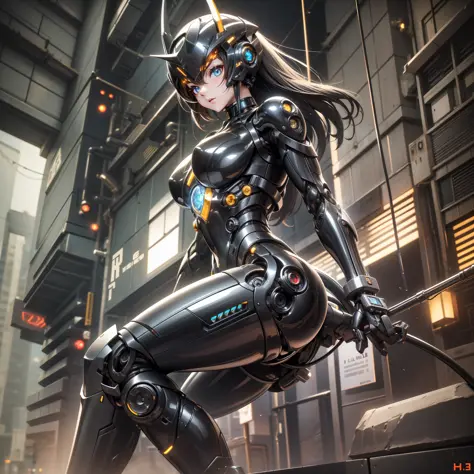 helmet with antenna, cute girl made of metal, (cyborg: 1.1), ([tail | more wire]: 1.3), (complex detail), hdr, (complex detail, ...