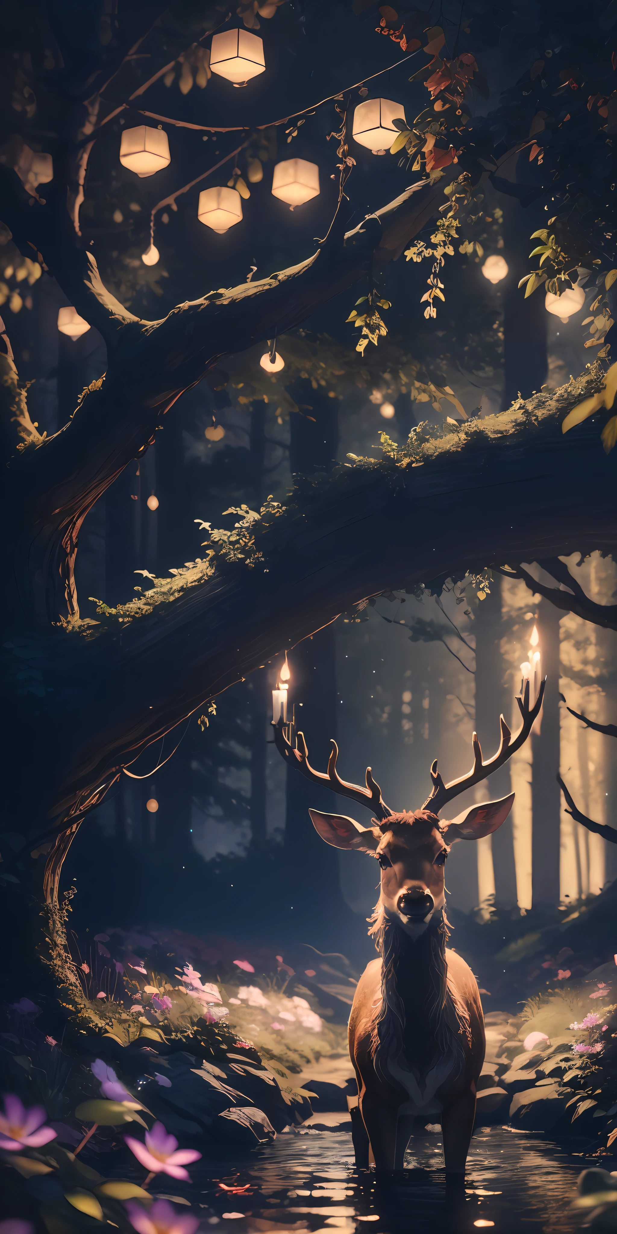 Masterpiece, best quality, (very detailed CG unified 8k wallpaper), (best quality), (best illustration), (best shadow), glowing elf with a glowing deer, drinking water in the pool, natural elements in forest theme. Mysterious forest, beautiful forest, nature, surrounded by flowers, delicate leaves and branches surrounded by fireflies (natural elements), (jungle theme), (leaves), (branches), (fireflies), (particle effects) and other 3D, Octane rendering, ray tracing, super detailed , deer --v6