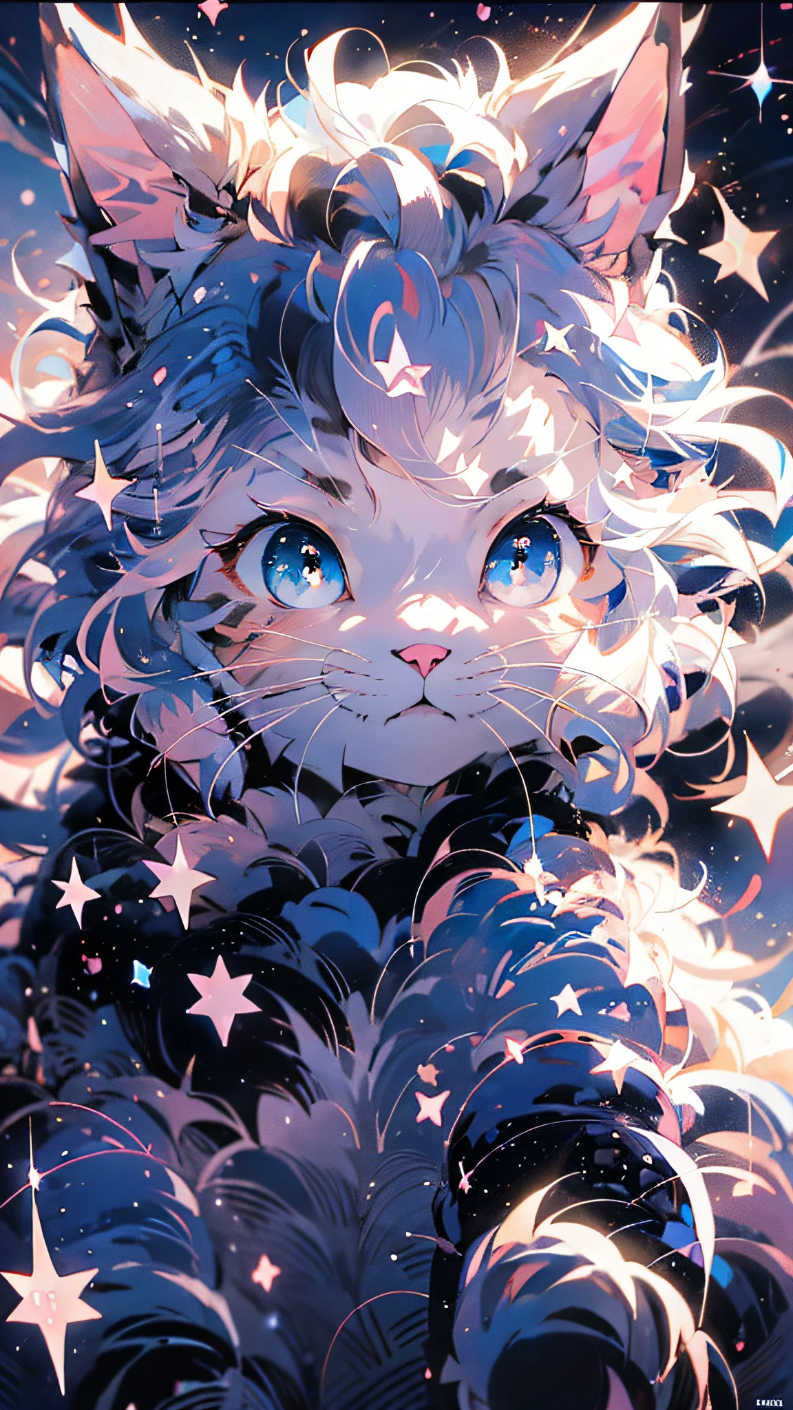 动漫猫 with blue eyes and stars in the background, 动漫猫, 可爱猫咪的动画视觉图, realistic 动漫猫, 可爱细致的数字艺术, 动漫艺术壁纸 4k, 动漫艺术壁纸4k, 非常非常漂亮的毛茸茸的艺术, beautiful 动漫猫girl, very beautiful 动漫猫 girl, 4k漫画壁纸, cute 动漫猫girl, 动漫艺术壁纸 8k