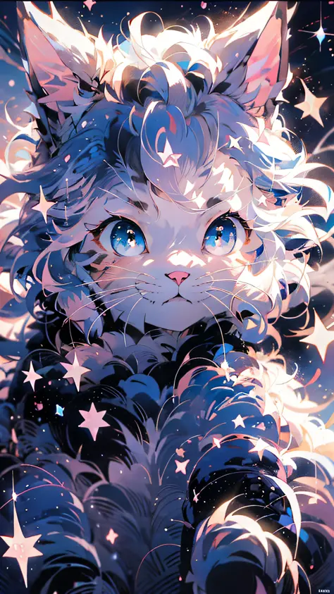 anime cat with blue eyes and stars in the background, anime cat, anime visual of a cute cat, realistic anime cat, cute detailed ...