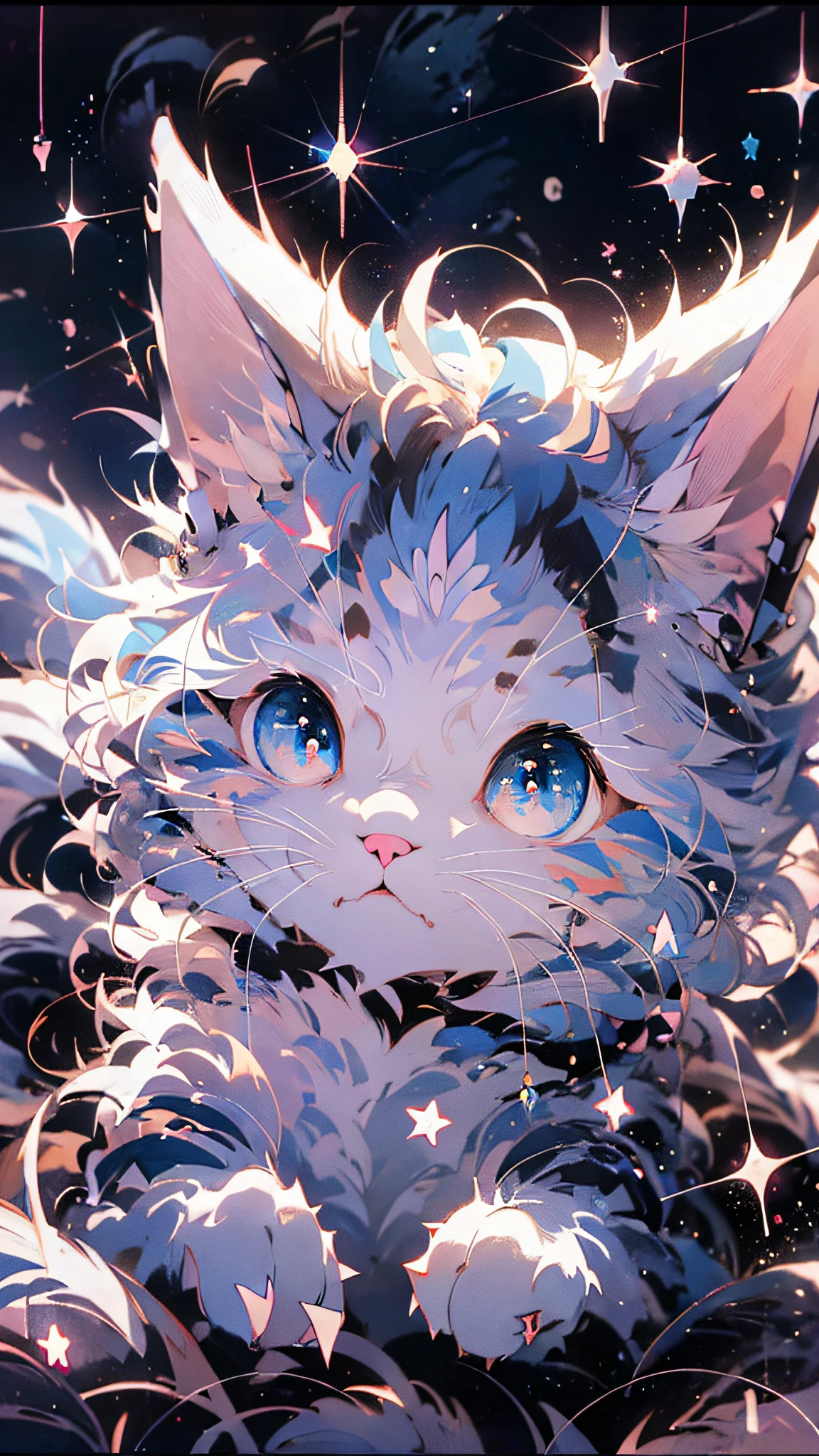 Anime-Katze with blue eyes and stars in the background, Anime-Katze, Anime-Bild einer süßen Katze, realistic Anime-Katze, süße detaillierte digitale Kunst, Anime-Kunst-Tapete 4k, Anime-Kunst-Hintergrundbild 4k, sehr sehr schöne pelzige Kunst, beautiful Anime-Katzegirl, very beautiful Anime-Katze girl, 4 K Manga-Hintergrundbild, cute Anime-Katzegirl, Anime-Kunst-Tapete 8 K