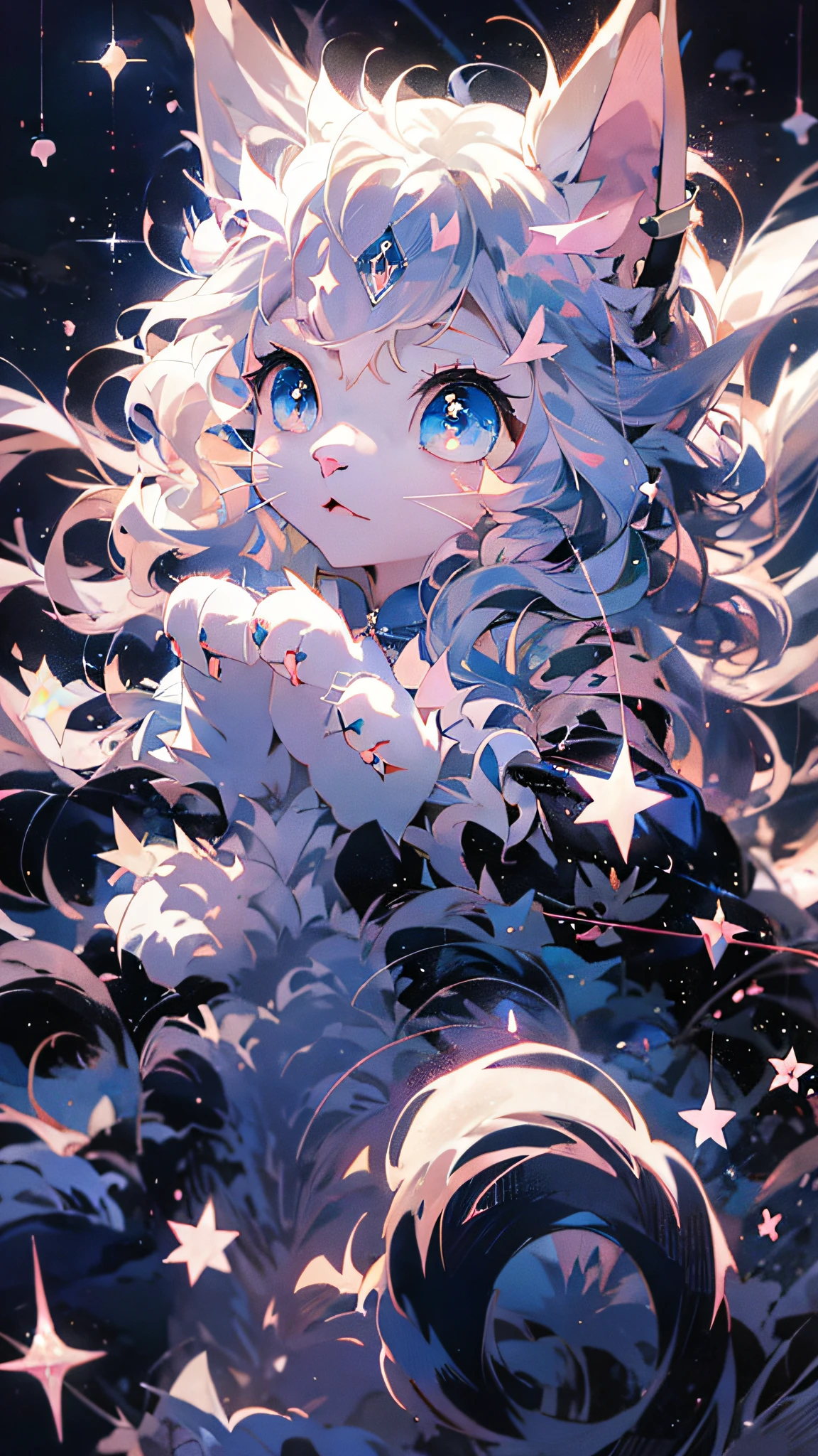 gato anime com olhos azuis e estrelas no fundo, anime cat, visual de anime de um gato fofo, gato de anime realista, Arte digital detalhada e fofa, papel de parede de arte de anime 4k, Papel de parede de arte anime 4k, arte peluda muito linda, linda garota-gato de anime, menina gato anime muito linda, Papel de parede de mangá 4k, cute anime catgirl, papel de parede de arte de anime 8k