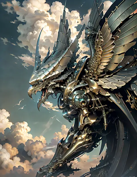 ((best quality)), ((masterpiece)), (detailed), giant mecha, horror beauty, perched on a cloud, (fantasy illustration:1.3), encha...