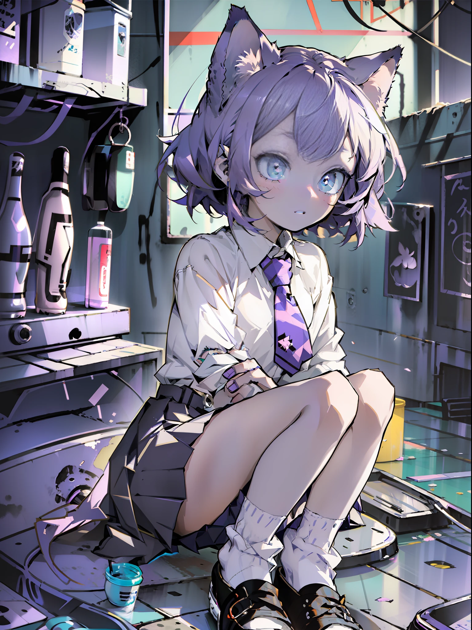 A Little Girl, Short Hair, Purple Hair, Small Purple Cat Ears, A Purple Cat Tail, White Blouse, Rough Blaiser, Dark Green Skirt, White Socks, Brown Shoes, amine style