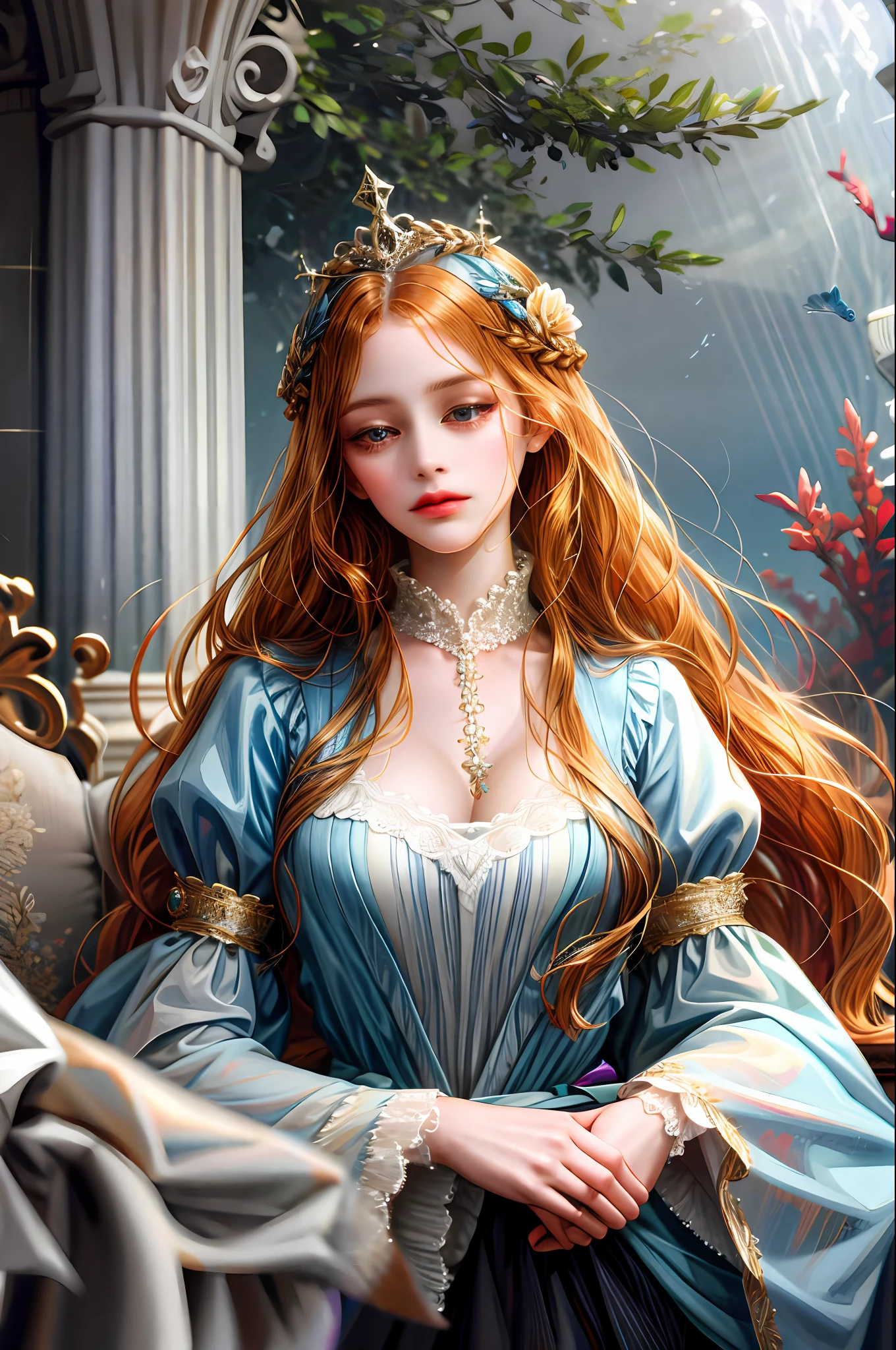 (absurdres, highres, ultra detailed), 1girl, solo, mature, (long hair), Baroque, dress, long sleeve, elegant, holy, colorful, highest detailed, portrait, close up, underwater, floating hair, flower