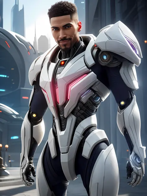 Man smiling (with cyborg armor of matte white marble: 1.2), (1men: 1.4). alita futuristic costume, portrait, bright intricate details, (detailed background futuristic city, spaceships: 1.1), unreal 5, daz, hyper realistic, octane rendering, dynamic lightin...