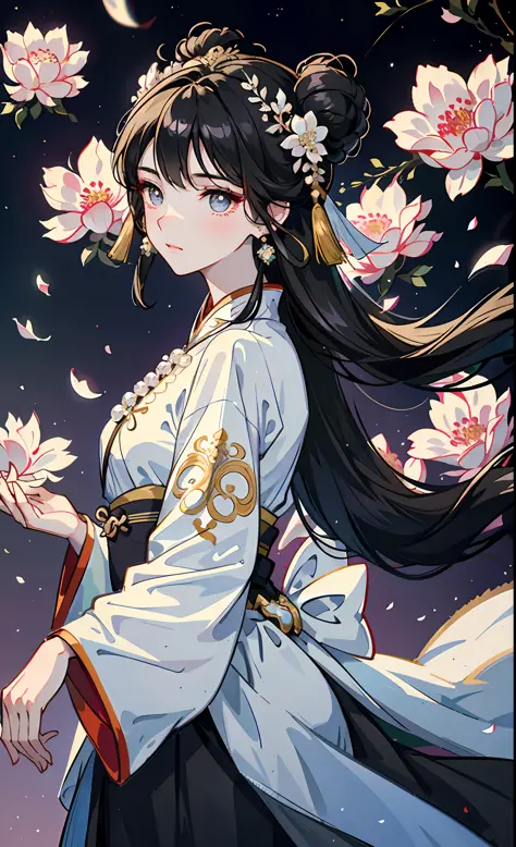 Mature girl , black hair, floating hair, delicate and smart eyes, starry pupils, intricate damask hanfu, gorgeous accessories, wearing pearl earrings, FOV, f1.8, masterpiece, complex scene, flower petals flying, front portrait shot, Chang'e