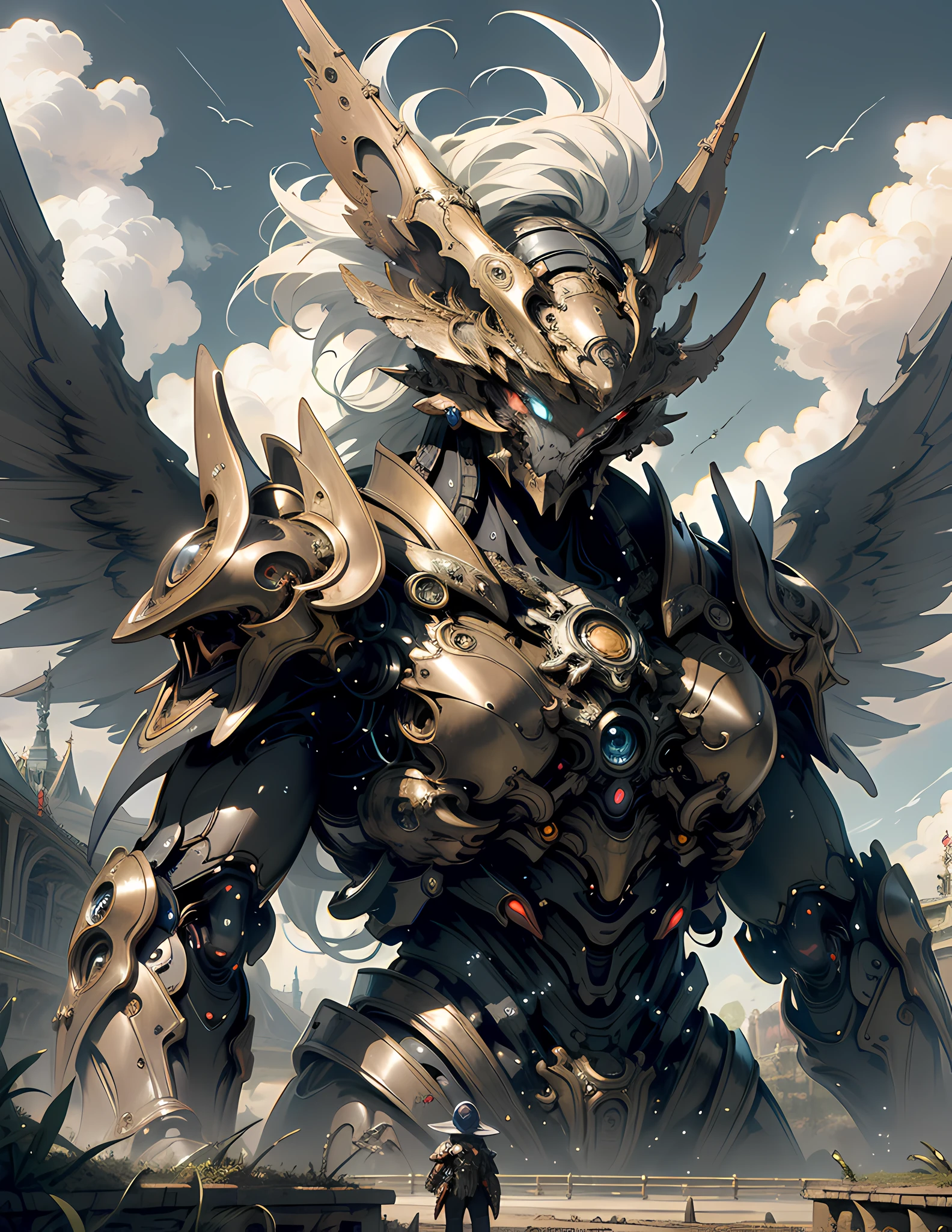 ((best quality)), ((masterpiece)), (detailed), giant mecha, horror beauty, perched on a cloud, (fantasy illustration:1.3), enchanting gaze, otherworldly charm, mystical sky, (Luis Royo:1.2), (Yoshitaka Amano:1.1), moonlit night, soft colors, (detailed cloudscape:1.3), (high-resolution:1.2)