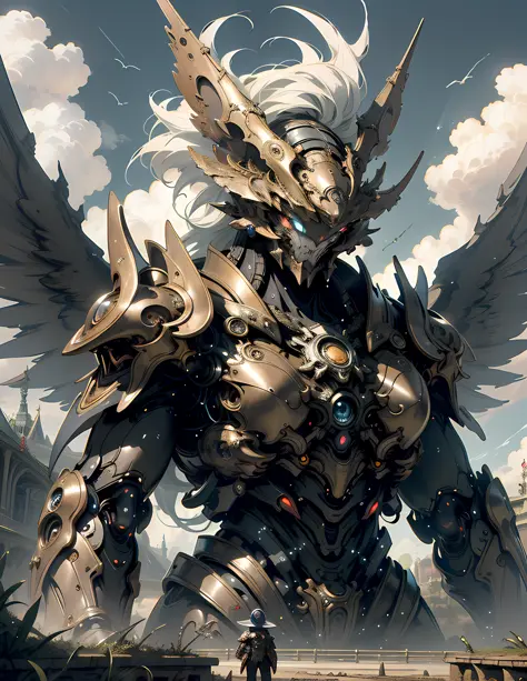 ((best quality)), ((masterpiece)), (detailed), giant mecha, horror beauty, perched on a cloud, (fantasy illustration:1.3), encha...