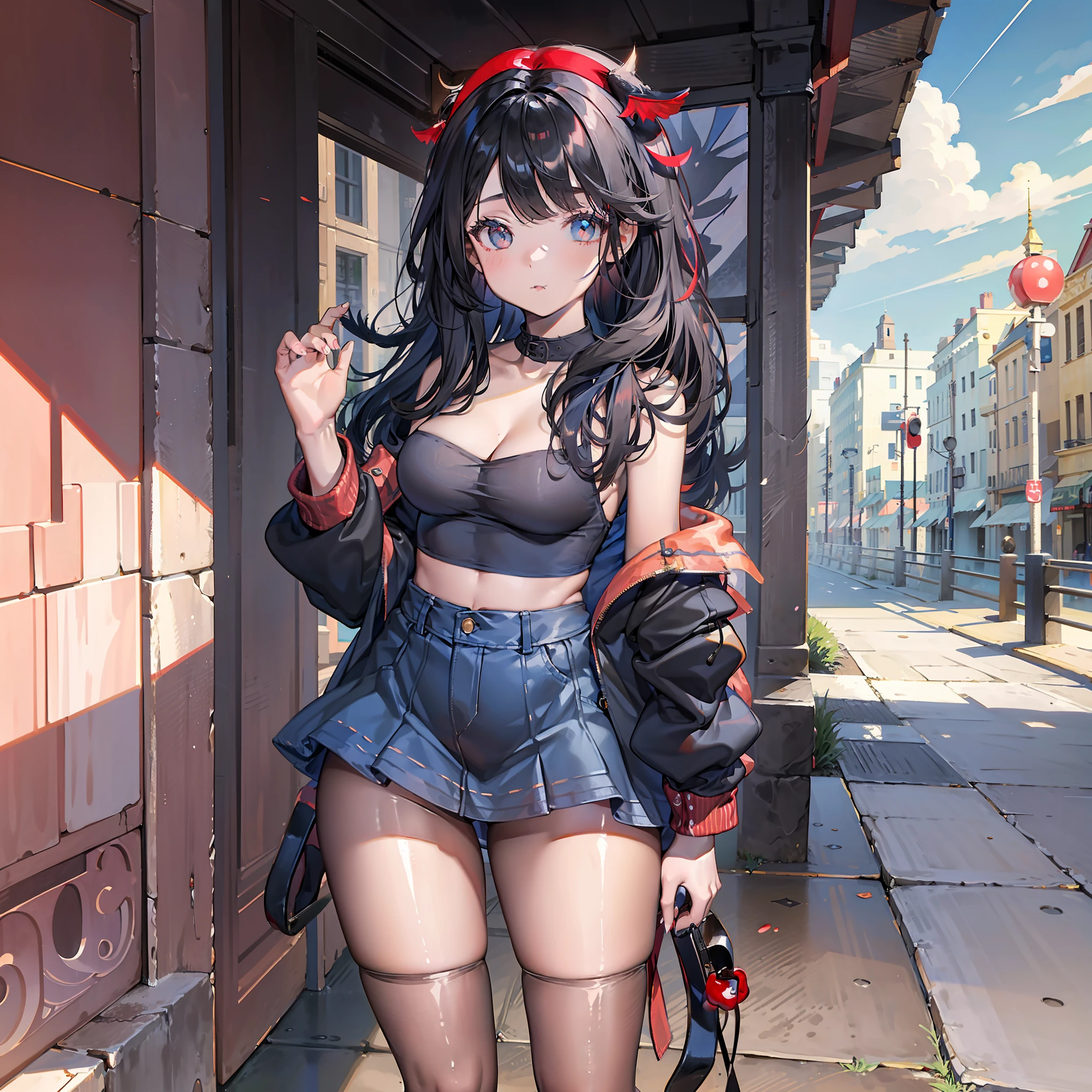 28-year-old girl, cute type, medium long hair, oblique bangs, beautiful black big eyes, high nose, thick nose wings, cherry cute small mouth, slightly chubby body, medium breasts, denim small jacket, black short skirt, black high heels, beautiful scenery