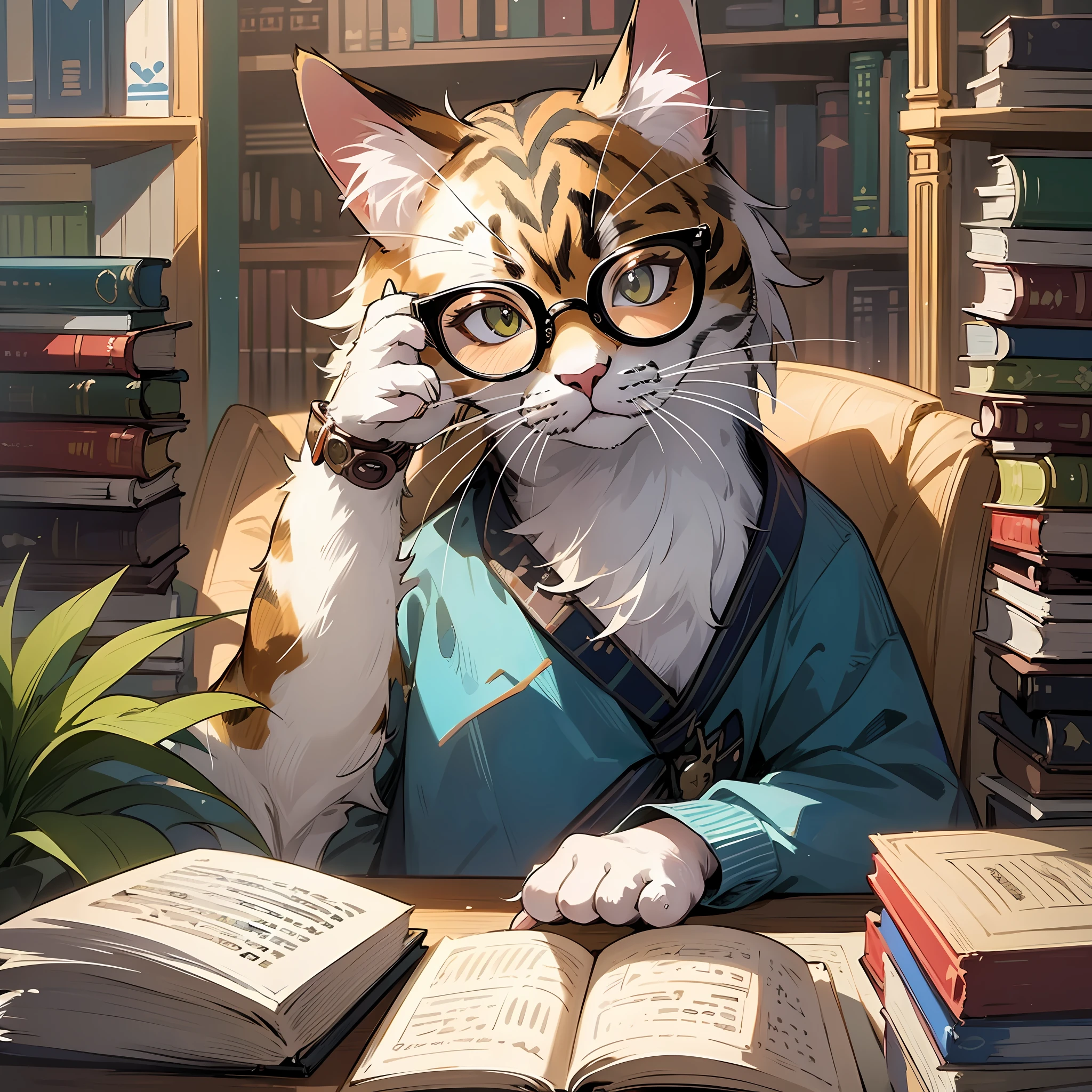 There is a кот that is sitting at a table with a book, intellectual кот,  очкарик, !!!! кот!!!!, ученый - SeaArt AI