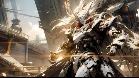 A beautiful game CG with the Doomsday theme as the main body, hyper-detailed, this is a light black and light white complex structure of the mecha, its hands hold a broad heavy armor sword, emitting a fiery red light: 1.2, the eyes emit dazzling red light:...