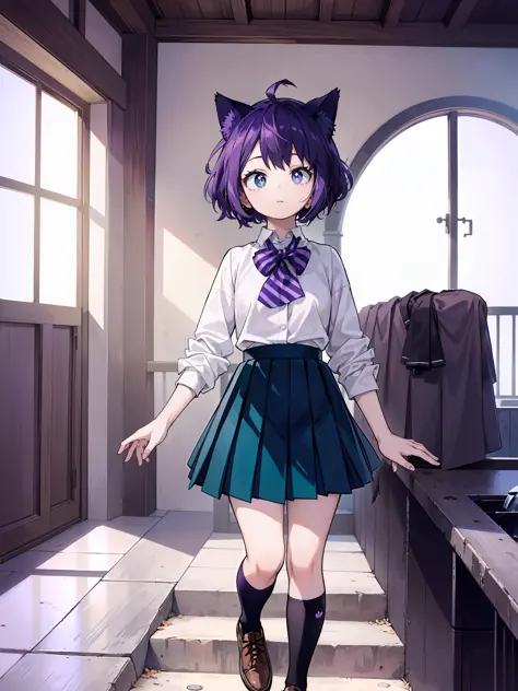 A Little Girl, Short Hair, Purple Hair, Small Purple Cat Ears, A Purple Cat Tail, White Blouse, Rough Blaiser, Dark Green skirt,...