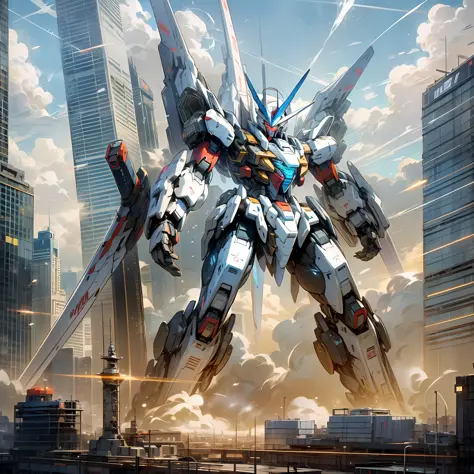 Sky, Clouds, holding_weapon, no_humans, Glow, Robot, Building, glowing_eyes, Mecha, Science Fiction, City, Reality, Mecha, Facial Focus, Blue and Red Metallic Luster, Cool Mecha Style, Gundam, Modern Mecha Anime, Mecha Art, Anime Large Mecha Robot, Anime M...