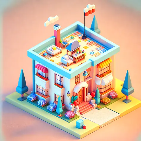 (Best quality),(masterpiece),(ultra detailed),(high detailed),(extremely detailed),3d mini house,isometric,detailed building,cartoon style,colorful