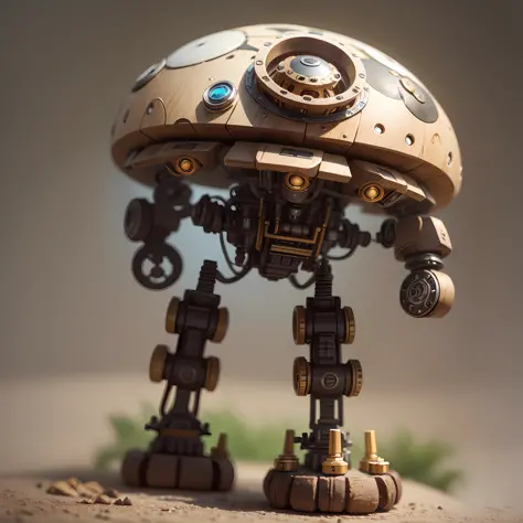 Design a robot based on shiitake mushrooms, low angle shot, steampunk style --auto --s2