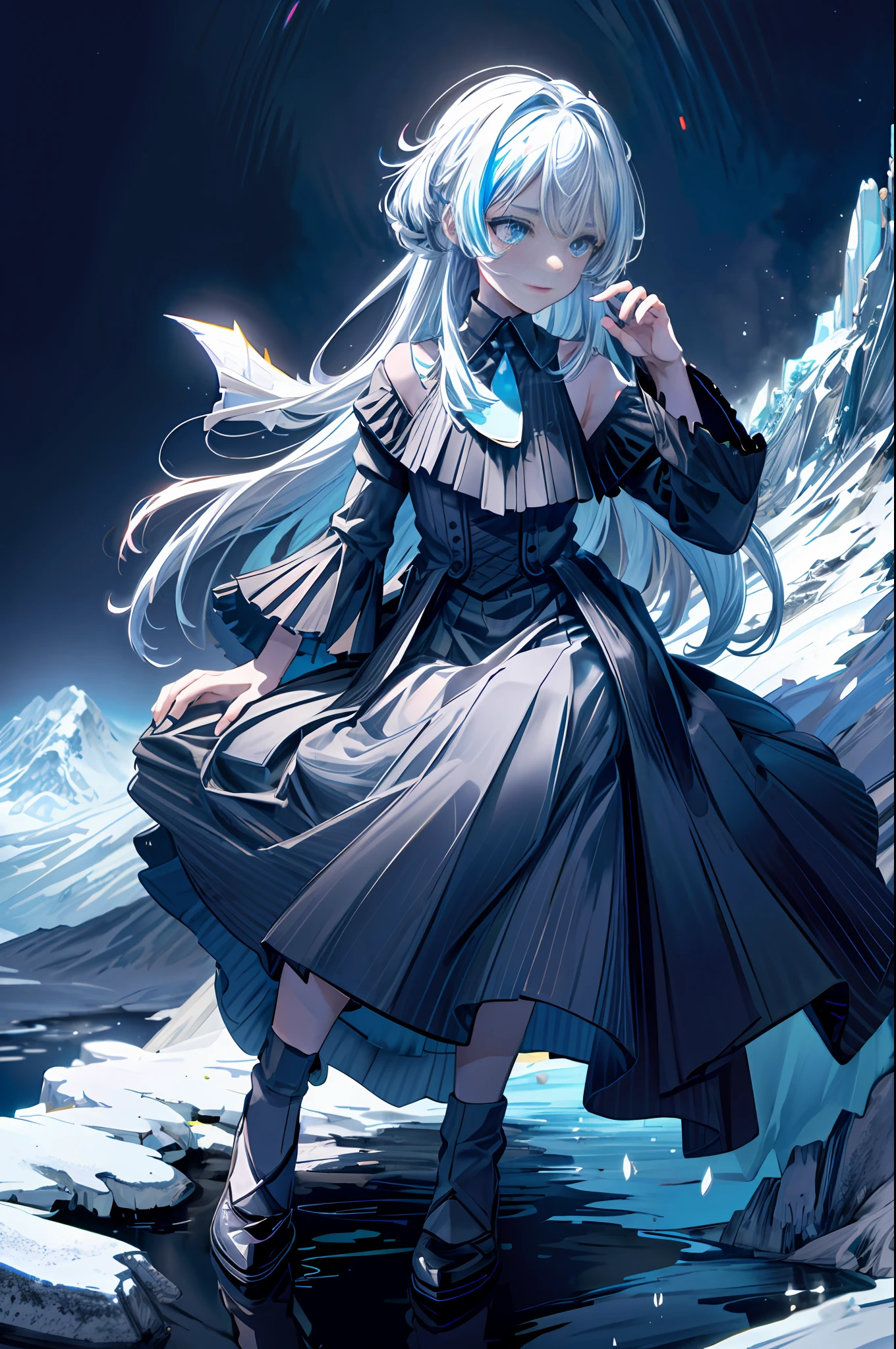 1girl, mature, long silver hair, night, mountain, aurora, moon,((random camera shoot1.4)),(random body pose:1.4),girl sitting on rock at peak of mountain during night looking up of sky aurora,
volumetric lighting, dynamic lighting, dynamic composition, reflection, caustics, subsurface scattering, (masterpiece, best quality, ultra-detailed, best shadow), high contrast, (best illumination, an extremely delicate and beautiful), ((cinematic light)), colorful, hyper detail, dramatic light, intricate details, stunning gradient colors, no watermark signature,(detailed background),(ultra detailed), (best shadow:1.1)+++++,(high contrast)+++,(best illumination)+++,