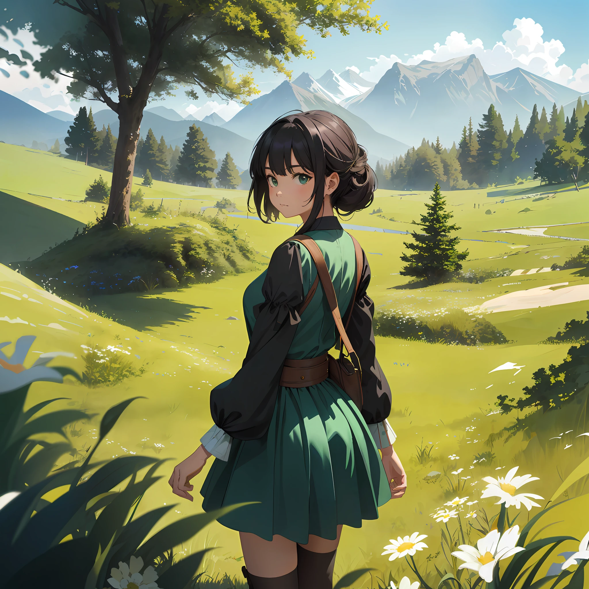 anime girl in green dress standing in a field with mountains in the background, detailed digital anime art, artwork in the style of guweiz, artgerm and atey ghailan, makoto shinkai art style, digital anime art, digital anime illustration, smooth anime cg art, anime countryside landscape, 2. 5 d cgi anime fantasy artwork